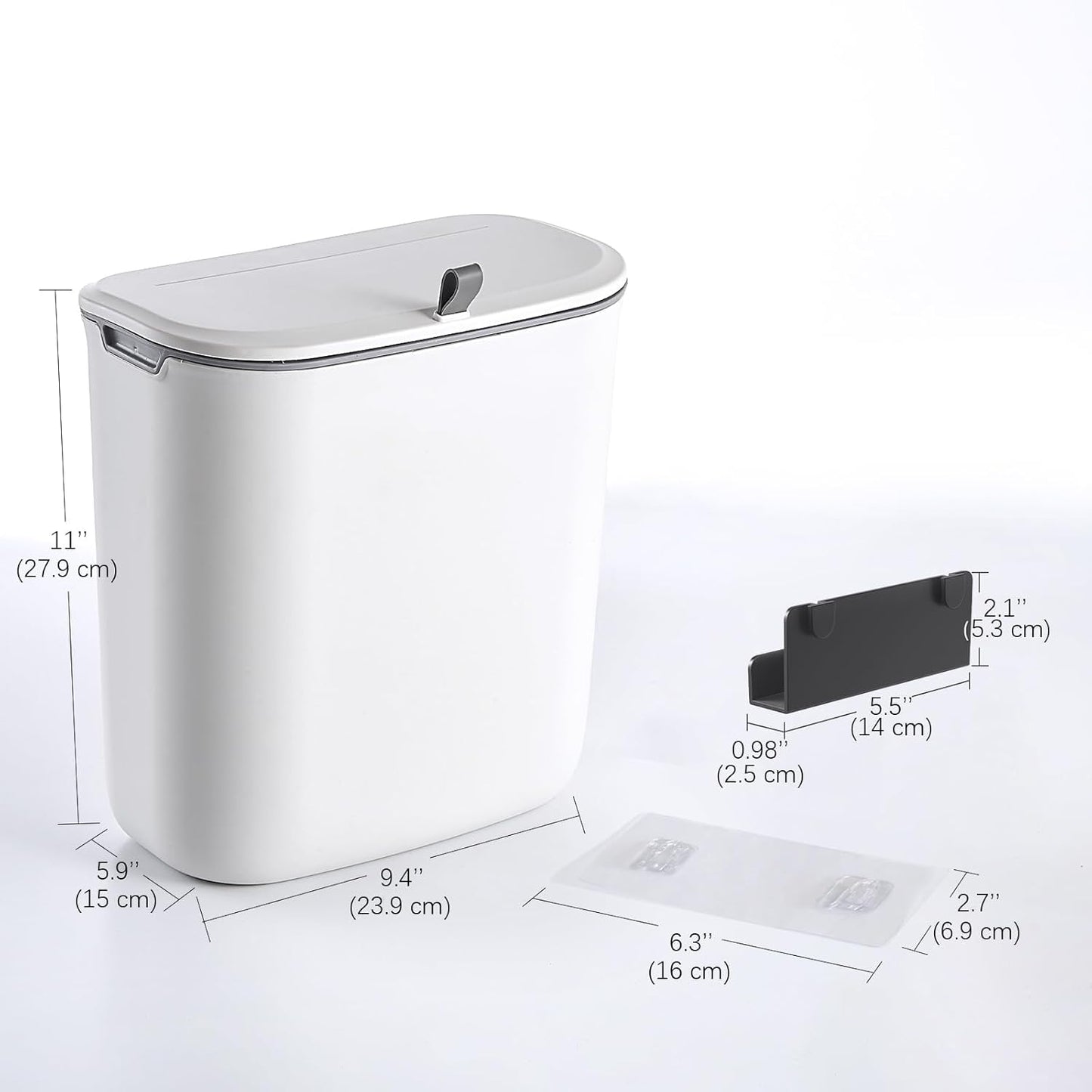 Compost Bin, 2.5 Gallon Hanging Trash Can with Lid, Kitchen Cabinet Door Under Sink Plastic Garbage Can Wall Mounted Slide Open, White