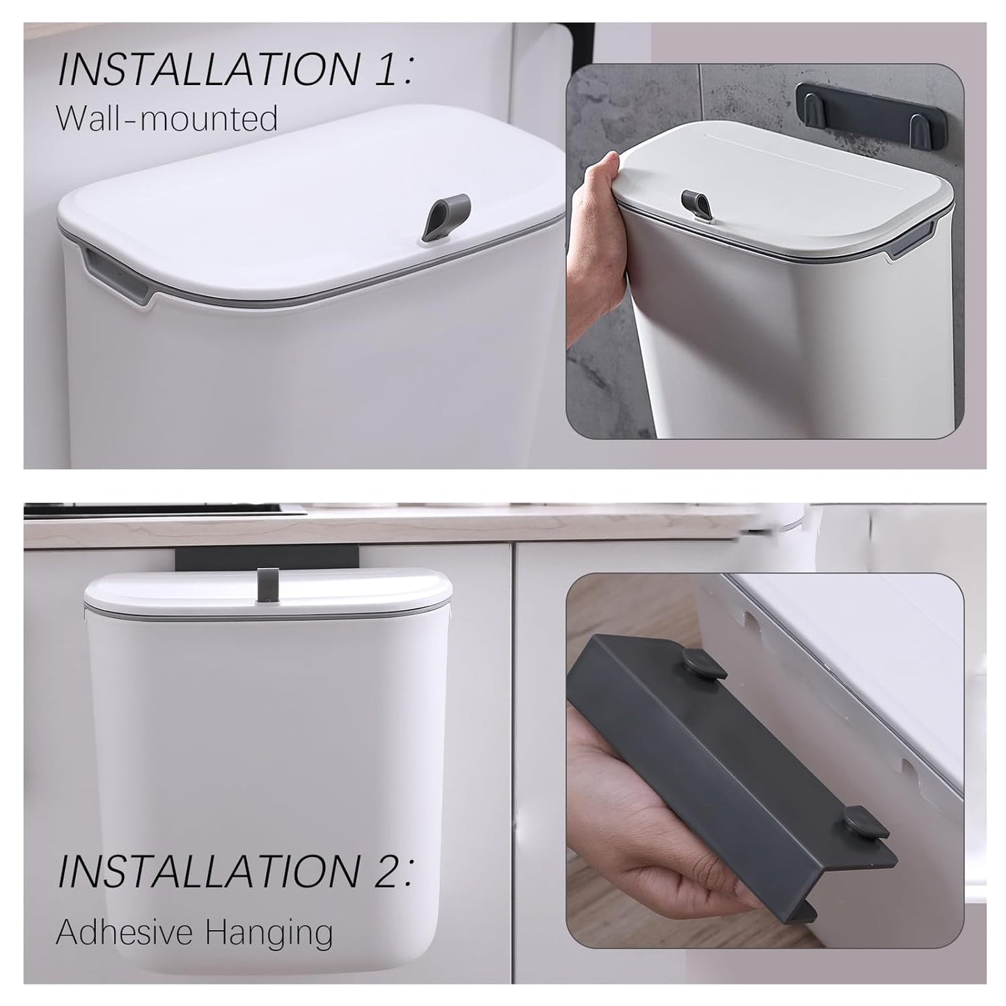 Compost Bin, 2.5 Gallon Hanging Trash Can with Lid, Kitchen Cabinet Door Under Sink Plastic Garbage Can Wall Mounted Slide Open, White