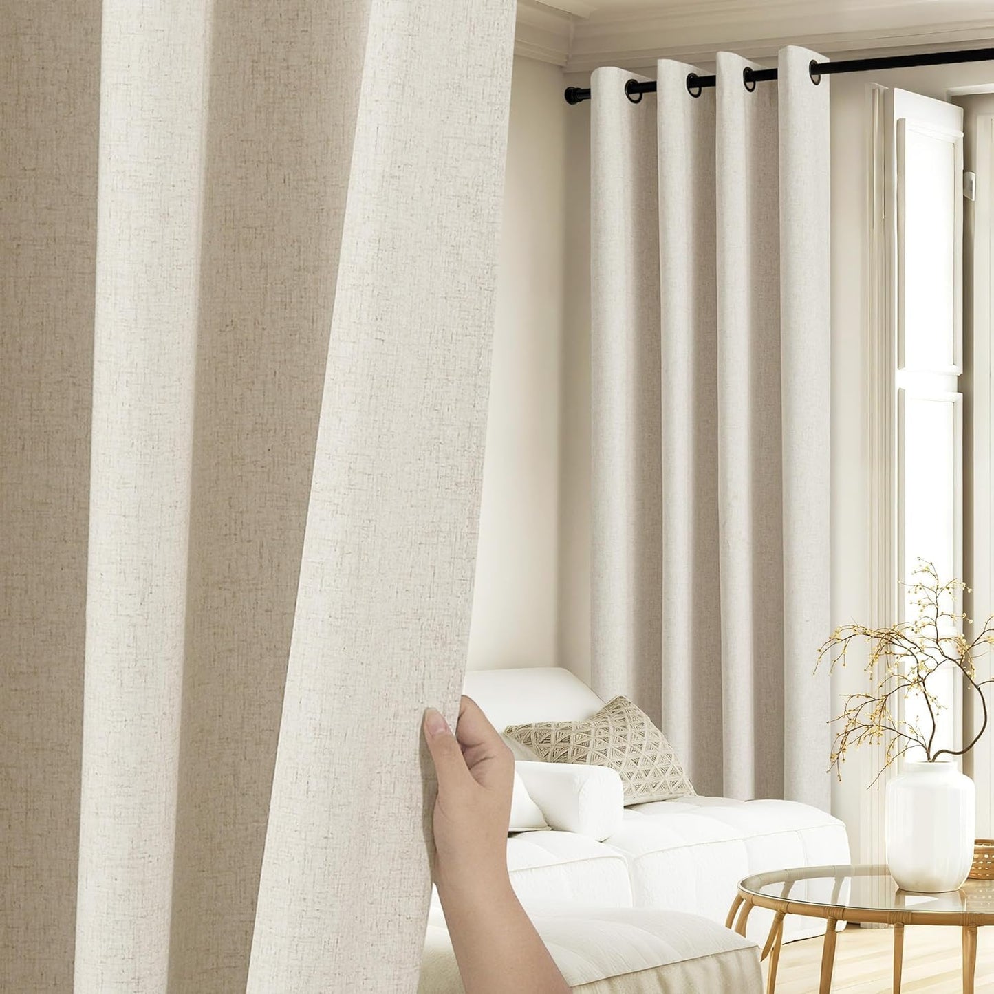 Linen Curtains 84 Inch Long 100% Blackout 2 Panels Natural Thick Farmhouse Living Room Soundproof Curtain Thermal Insulated Window Treatment Door Curtain Drapes (52-Inch Width Each Panel)