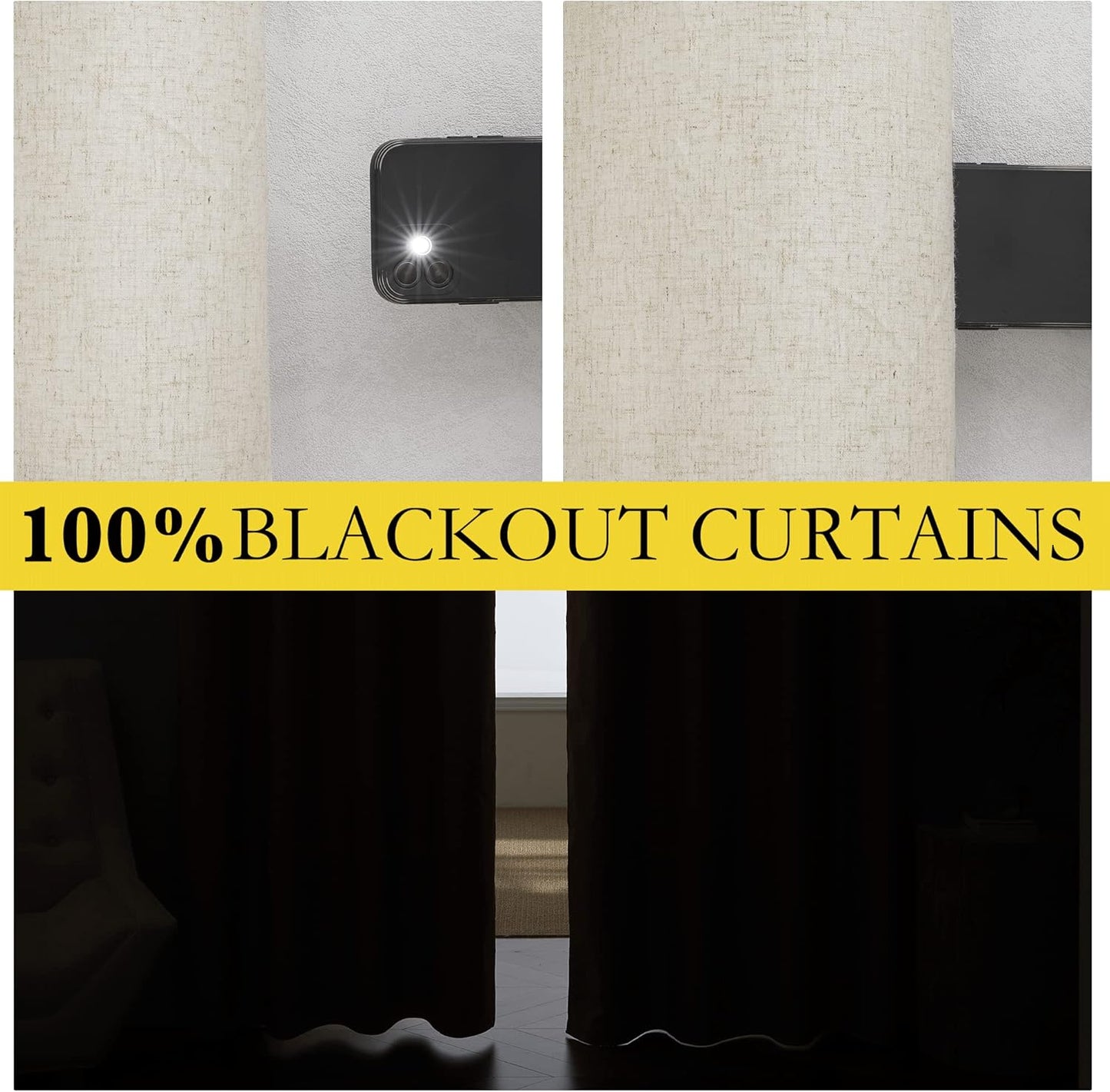 Linen Curtains 84 Inch Long 100% Blackout 2 Panels Natural Thick Farmhouse Living Room Soundproof Curtain Thermal Insulated Window Treatment Door Curtain Drapes (52-Inch Width Each Panel)