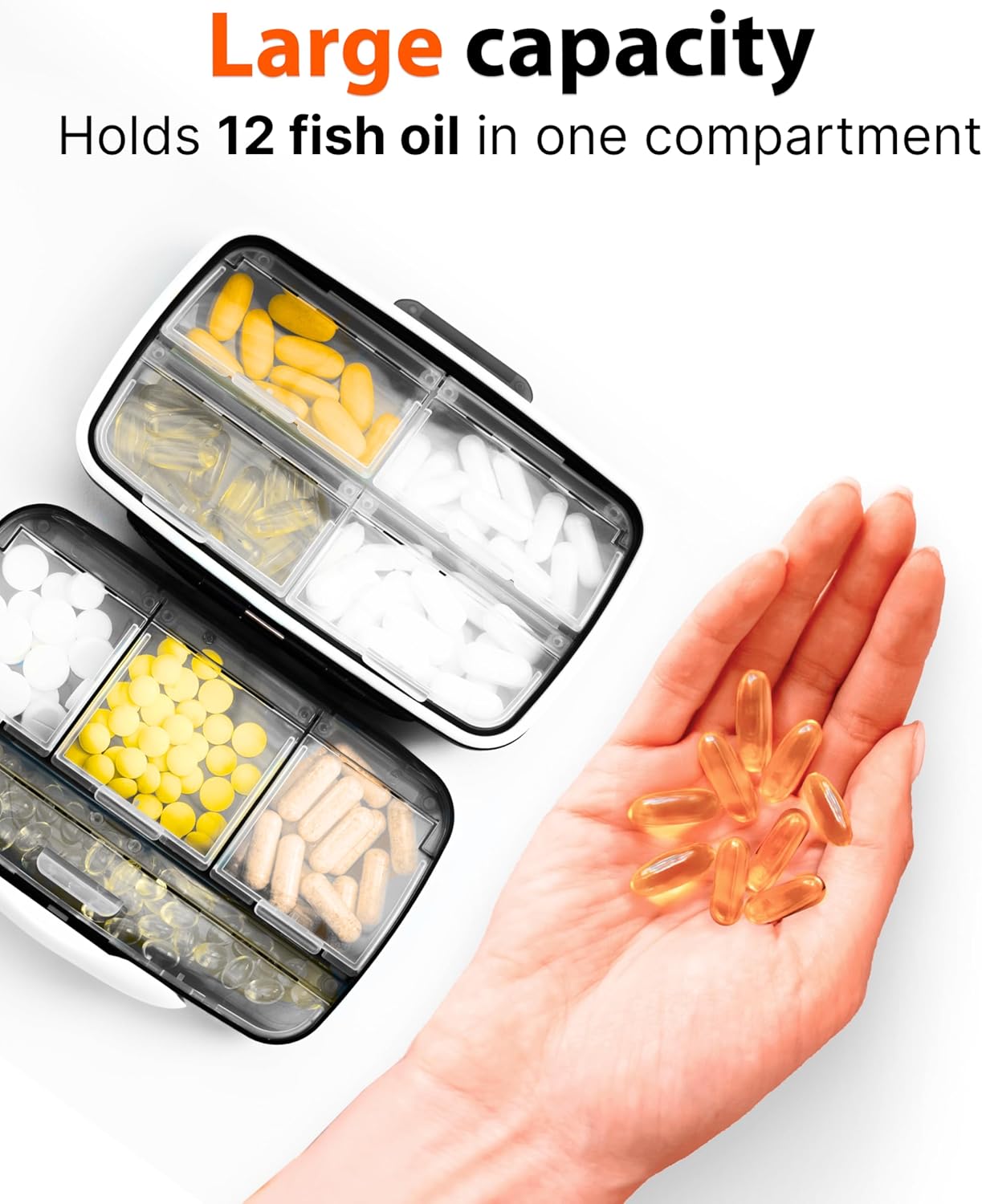 Travel Pill Organizer - Airtight Medicine Case for Traveling Portable Pharmacy Box with Labels Vitamin Container 8 Compartment Supplement Medication Holder Large Capacity Daily Essentials Storage Black