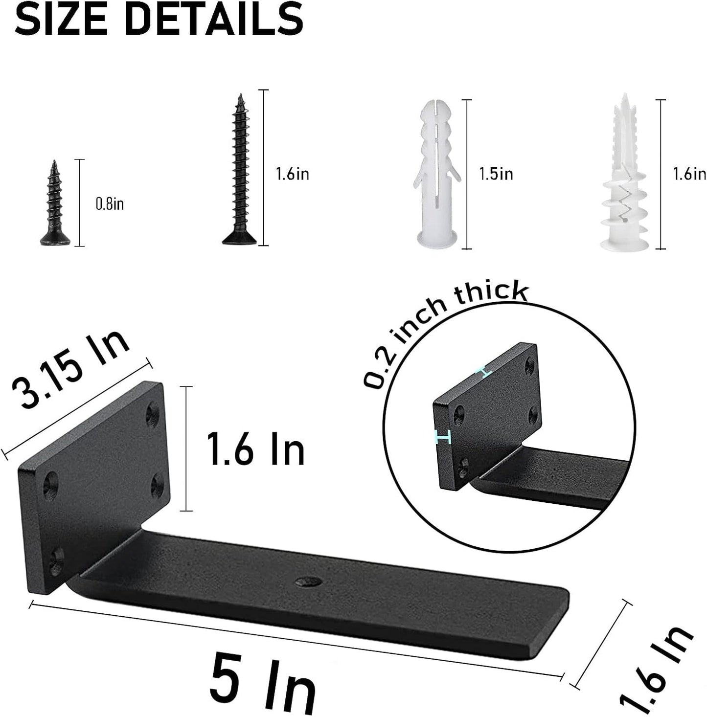 Heavy Duty Floating Shelf Brackets - 1/5 Inch Thick Industrial Black Metal L Brackets, Premium Solid Steel Shelf Supports for Shelves - 5 Inch Heavy Floating Shelves Hardware (4Pcs)