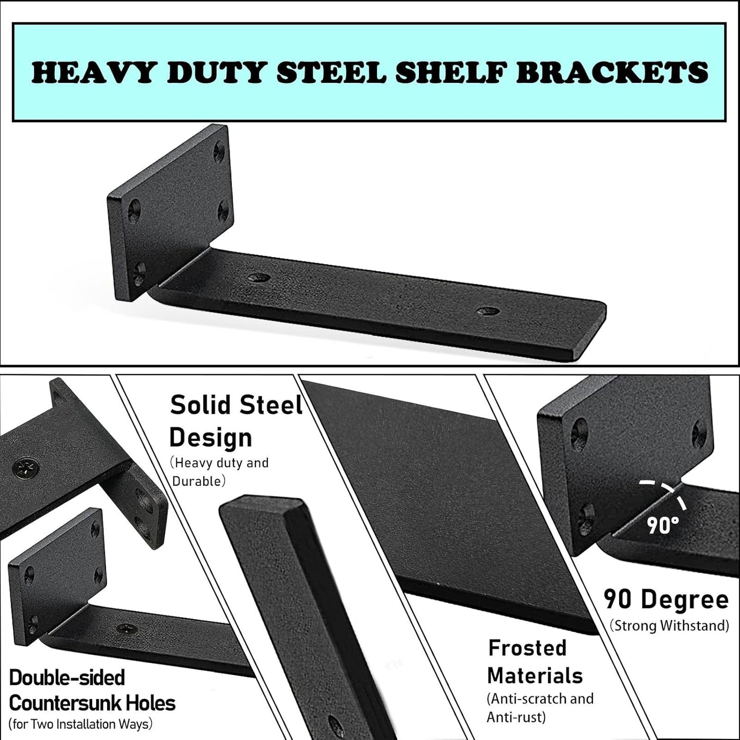 Heavy Duty Floating Shelf Brackets - 1/5 Inch Thick Industrial Black Metal L Brackets, Premium Solid Steel Shelf Supports for Shelves - 5 Inch Heavy Floating Shelves Hardware (4Pcs)