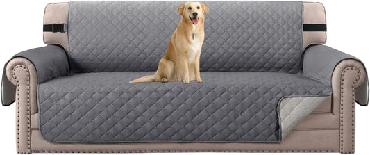 Reversible Sofa Cover for 3 Cushion Couch Water Resistant Couch Cover for Dogs Non Slip Furniture Protector Cover with Elastic Strap for Pet Cat (Seat Width: 66", Grey/Beige)