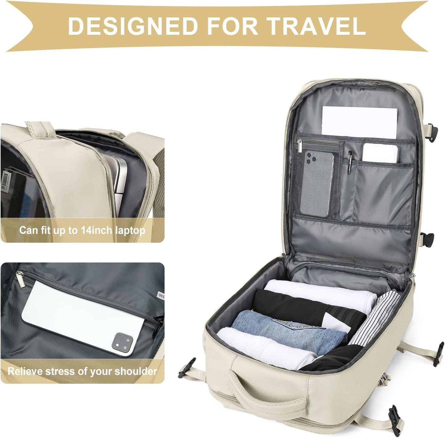 Cabin Bags for Travel, Underseat Carry on Hand Luggage Backpack for Women Airplane Approved Travel Backpack Personal Item Travel Bag 14 inch Laptop Backpack for Business Casual Work Beige