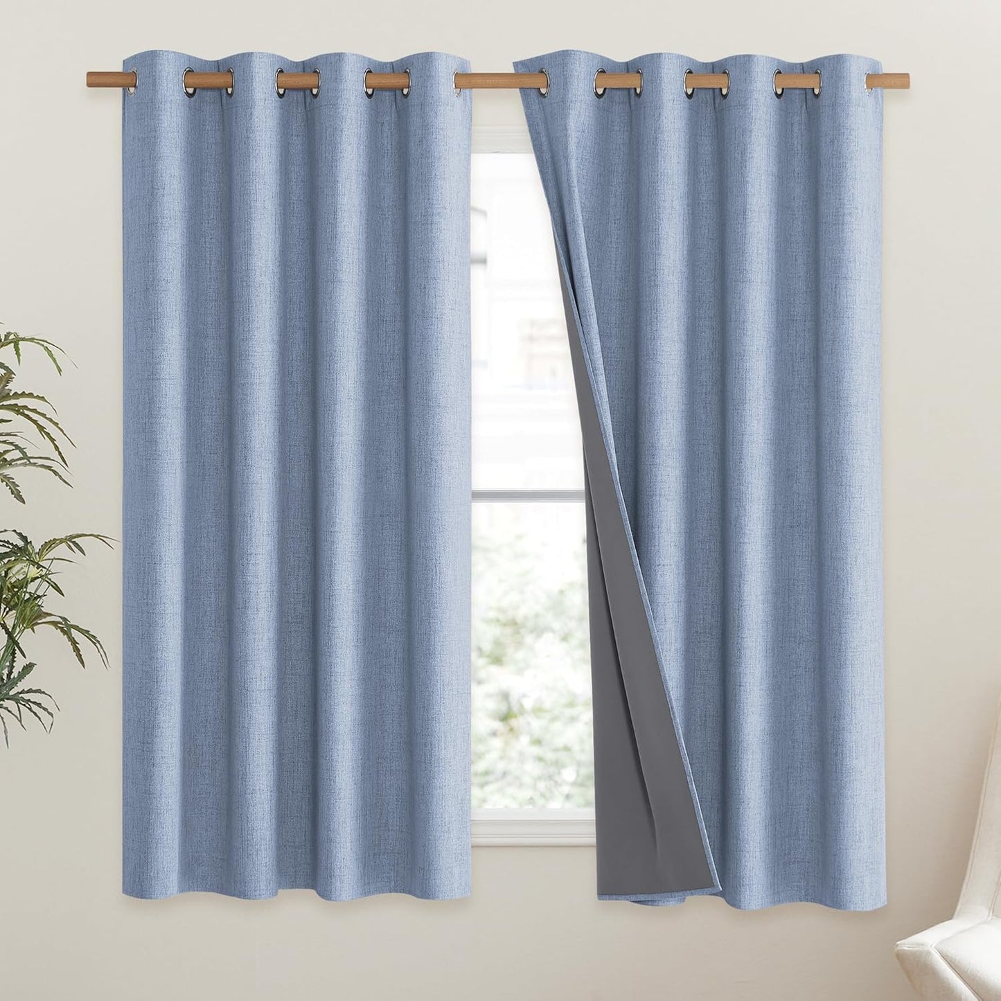 Stone Blue Vintage Linen 100% Blackout Curtains for Living Room,Thermal Insulated Curtains 63" Long,Noise Reducing Window Treatment Drapes for Hall Room,52" Wide Per Panel,Set of 2