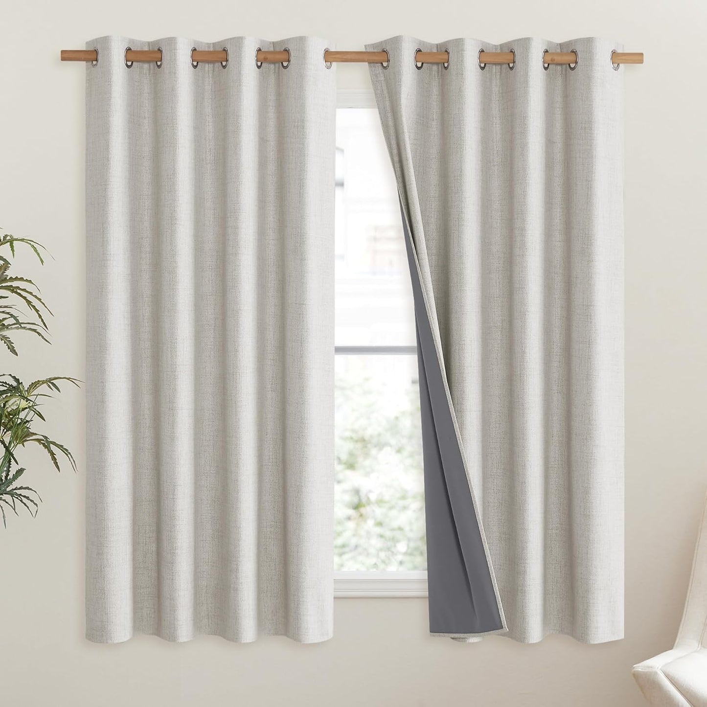 Snowbound Vintage Linen 100% Blackout Curtains for Living Room,Thermal Insulated Curtains 63" Long,Noise Reducing Window Treatment Drapes for Hall Room,52" Wide Per Panel,Set of 2