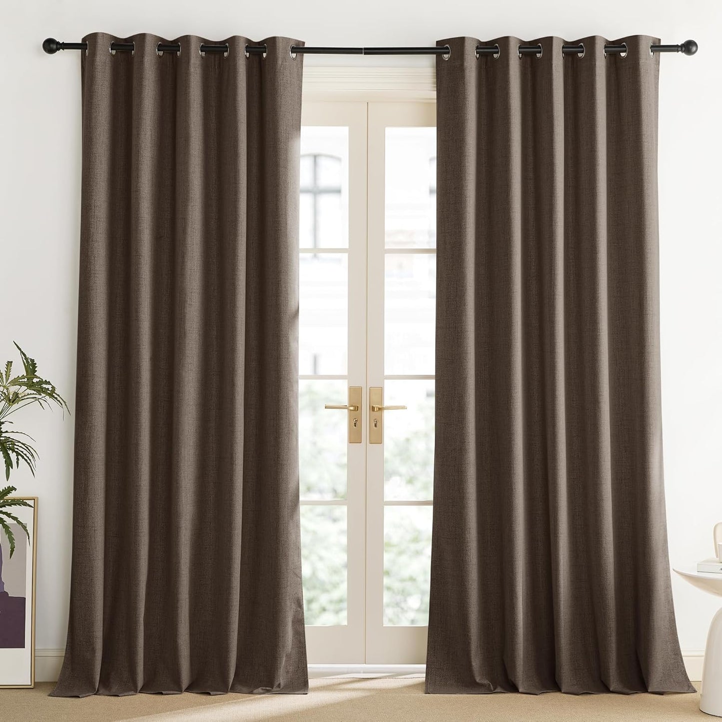 Coffee Vintage Linen 100% Blackout Curtains for Living Room, Thermal Insulated Curtains 95“ Long, Noise Reducing Window Treatment Drapes for Home Office, 62" Wide Per Panel, Set of 2