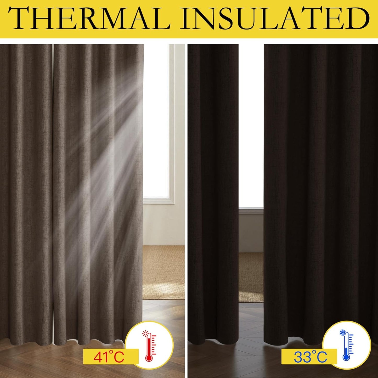 Coffee Vintage Linen 100% Blackout Curtains for Living Room, Thermal Insulated Curtains 95“ Long, Noise Reducing Window Treatment Drapes for Home Office, 62" Wide Per Panel, Set of 2