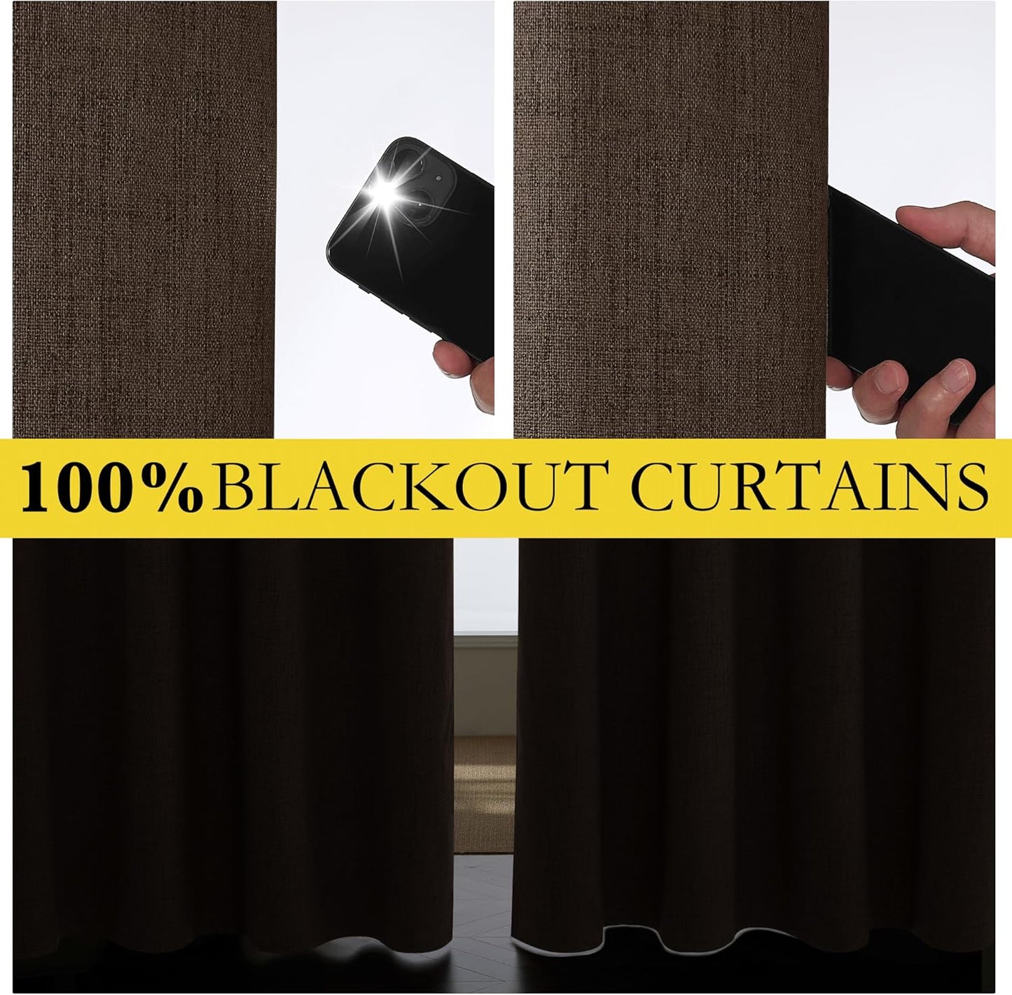 Coffee Vintage Linen 100% Blackout Curtains for Living Room, Thermal Insulated Curtains 95“ Long, Noise Reducing Window Treatment Drapes for Home Office, 62" Wide Per Panel, Set of 2