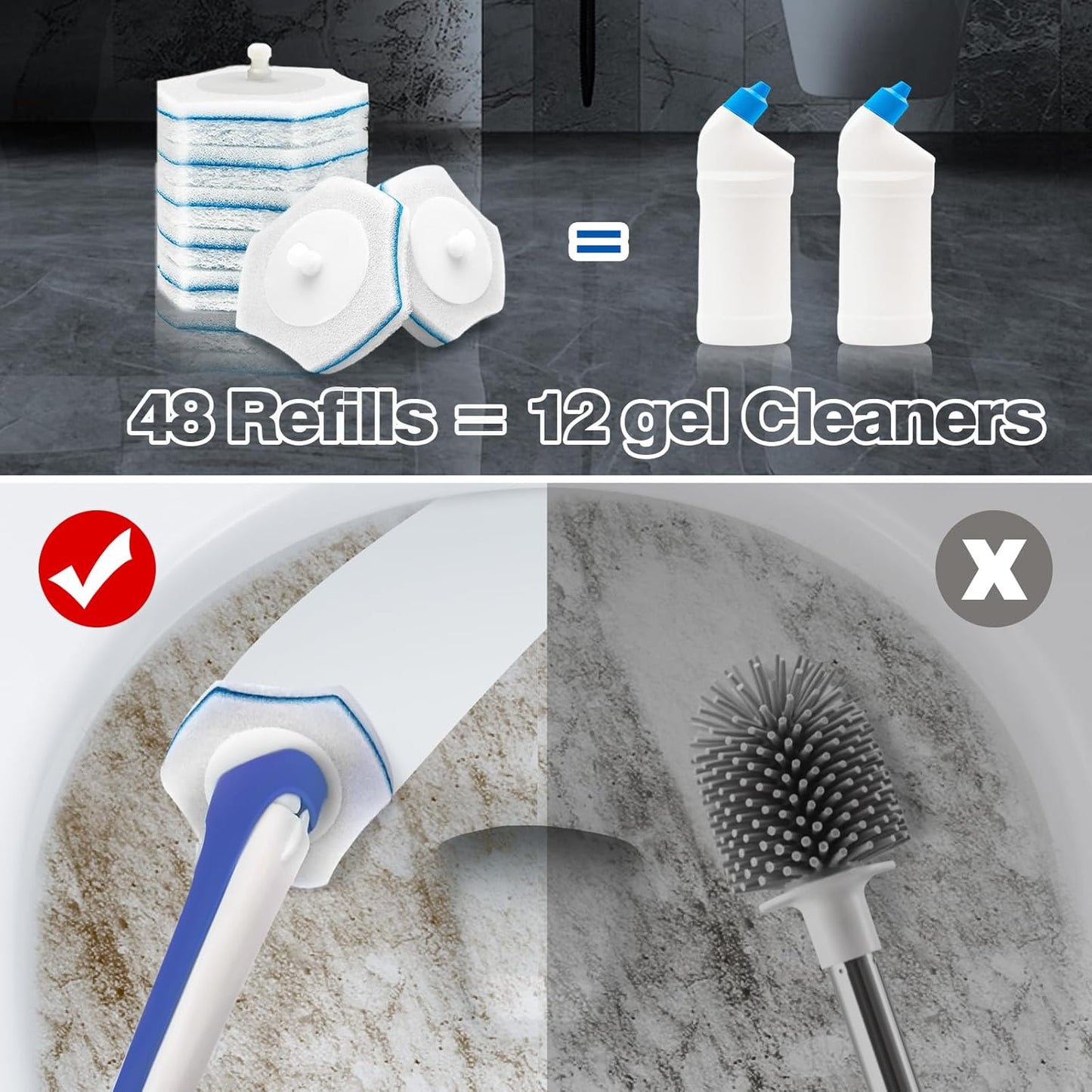 Disposable Toilet Brush with 48PCS Wand Cleaner Refills, Wall Mounted Toilet Bowl Brush Holder Set, Bathroom Cleaning System for Sink Bathtub Wash Basin (Blue)