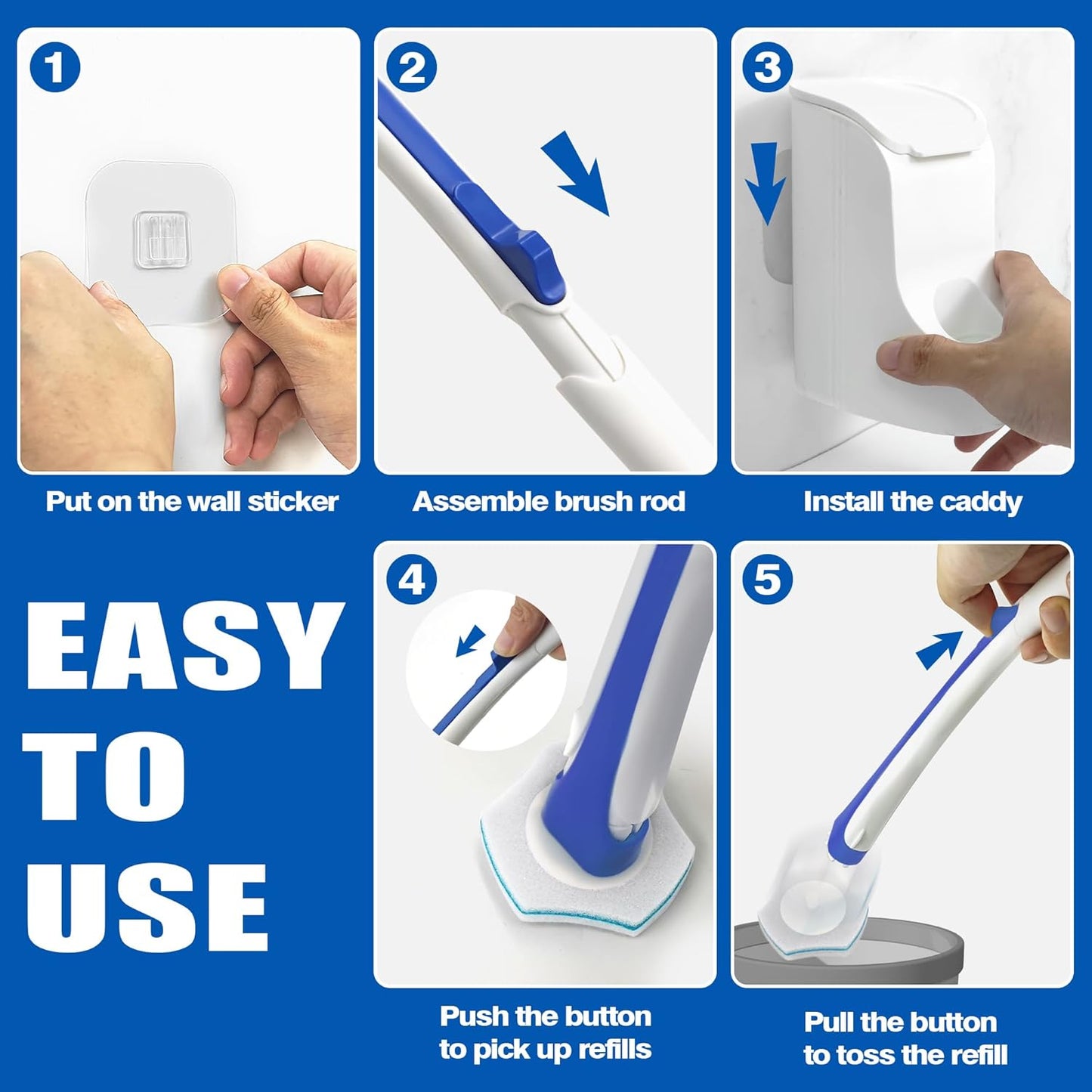 Disposable Toilet Brush with 48PCS Wand Cleaner Refills, Wall Mounted Toilet Bowl Brush Holder Set, Bathroom Cleaning System for Sink Bathtub Wash Basin (Blue)