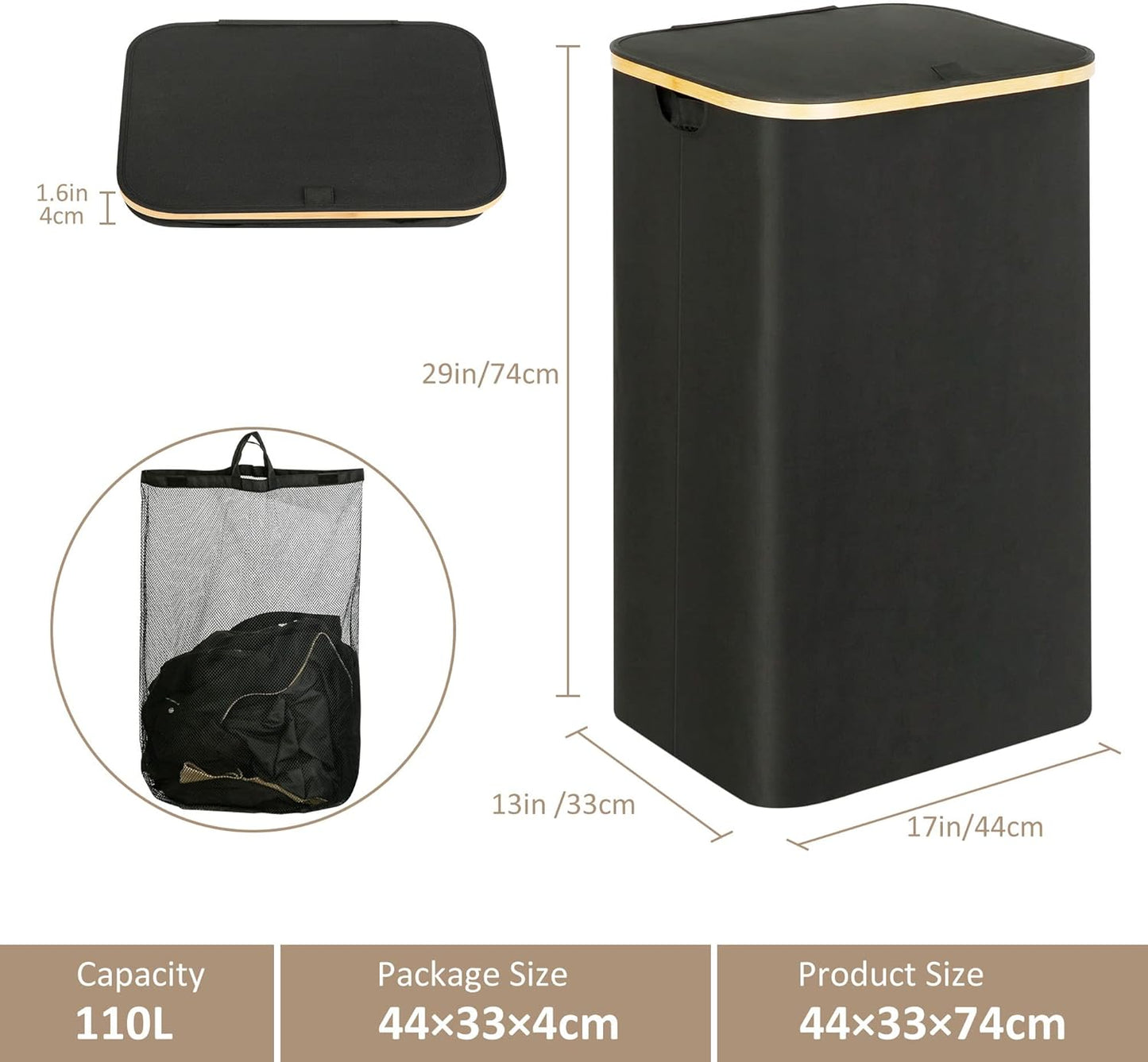 Laundry Hamper with Lid - Waterproof Freestanding Laundry Basket with Removable Liner Bag, Collapsible 110L Large Clothes Storage Laundry Bin with Easy Carry Bamboo Handle for Clothes Toys Organizer