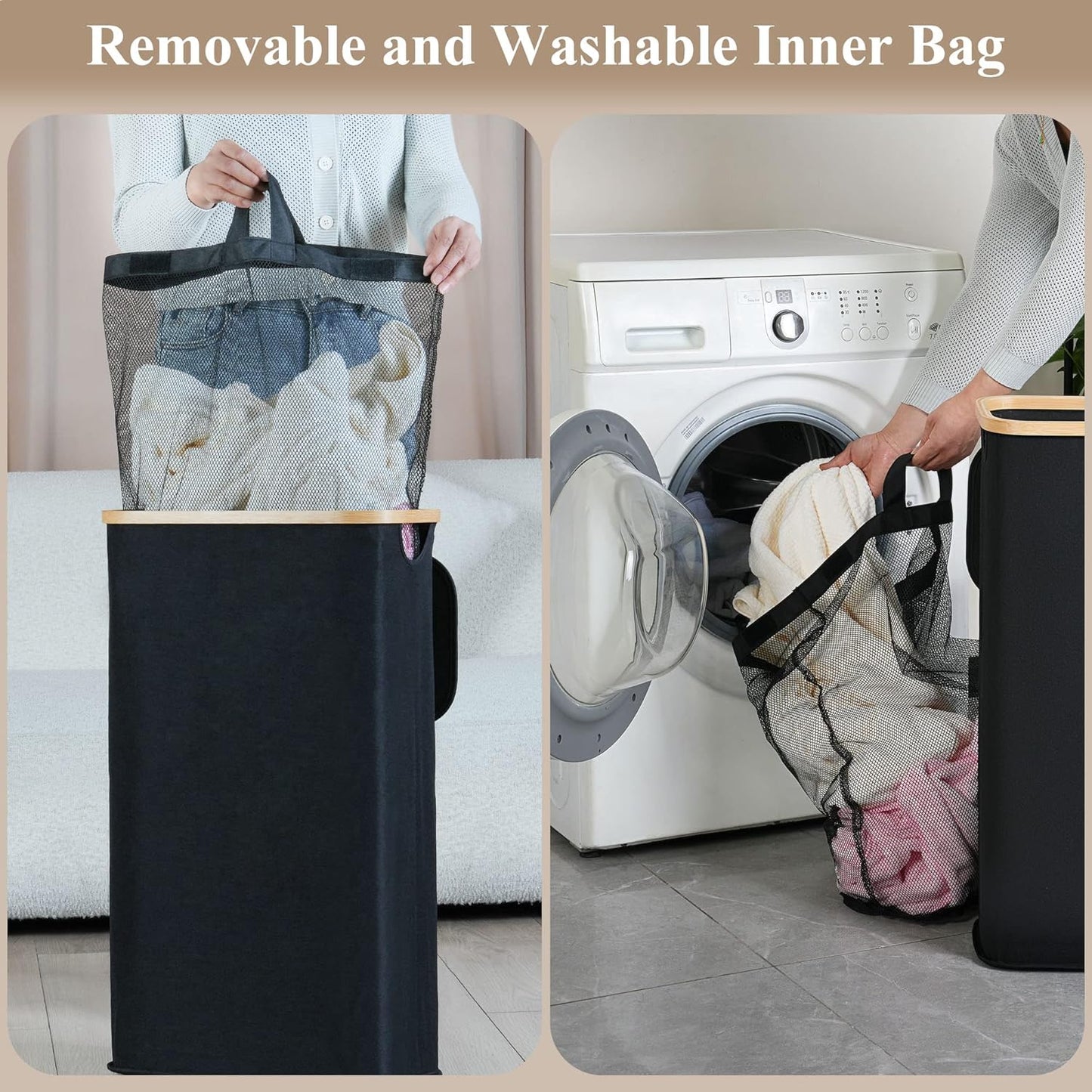 Laundry Hamper with Lid - Waterproof Freestanding Laundry Basket with Removable Liner Bag, Collapsible 110L Large Clothes Storage Laundry Bin with Easy Carry Bamboo Handle for Clothes Toys Organizer