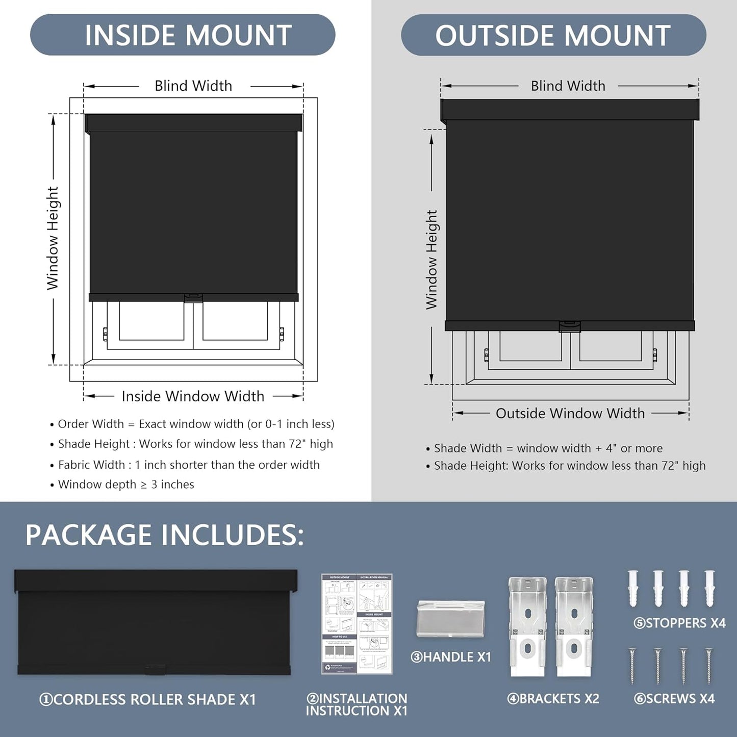 Blackout Roller Shades Cordless Blinds for Windows, Free-Stop Shades with Valance, Thermal Insulated Fabric, UV Protection, Blinds for Home and Office 20" W x 72" H (51W x 183H cm) Black