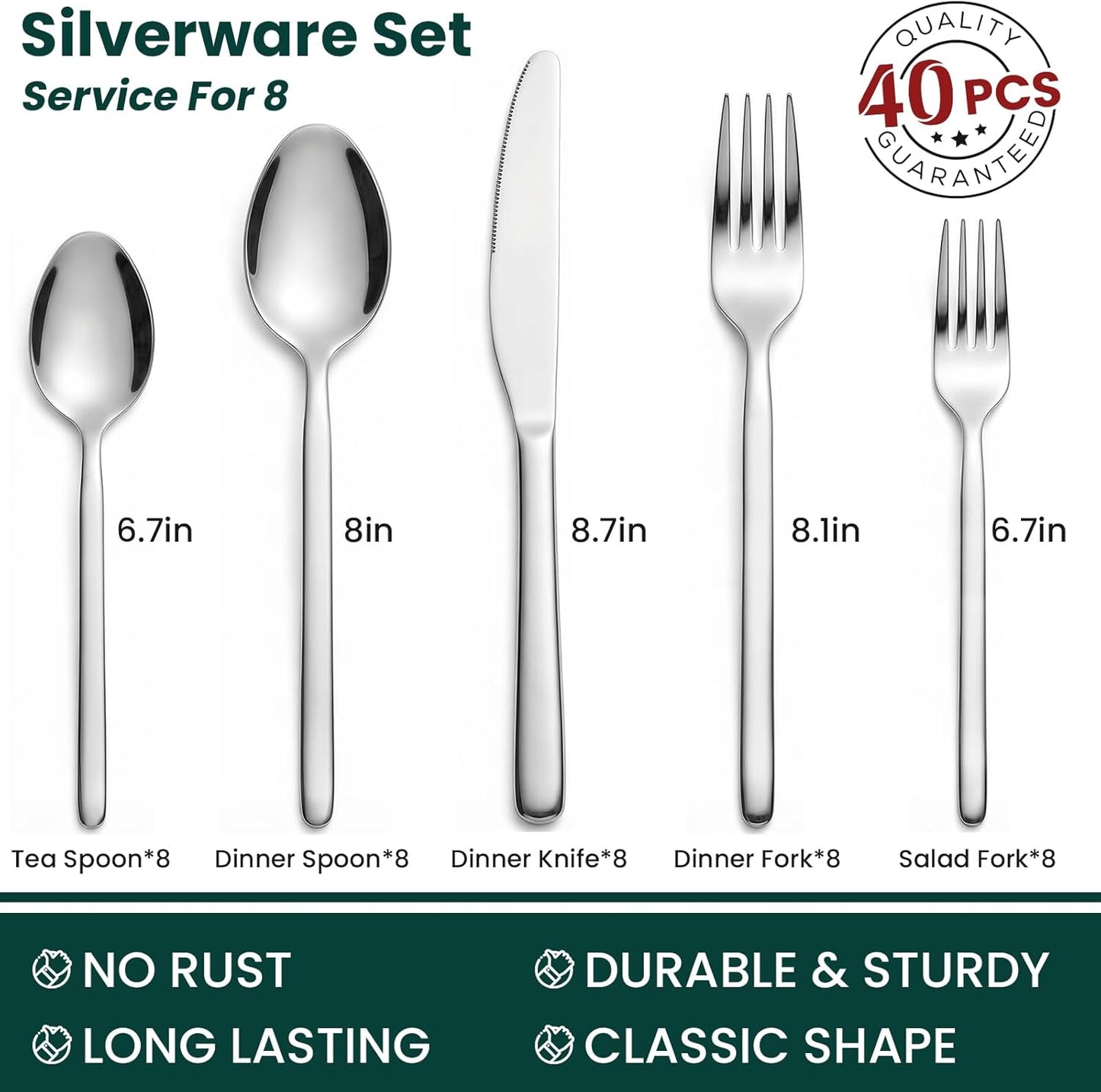 Premium 40-Piece Silverware Set for 8, 18/10 Stainless Steel Flatware Cutlery Set with Forks, Knives, Spoons, Durable and Elegant Design Utensils Tableware - Heavy Duty, Dishwasher Safe