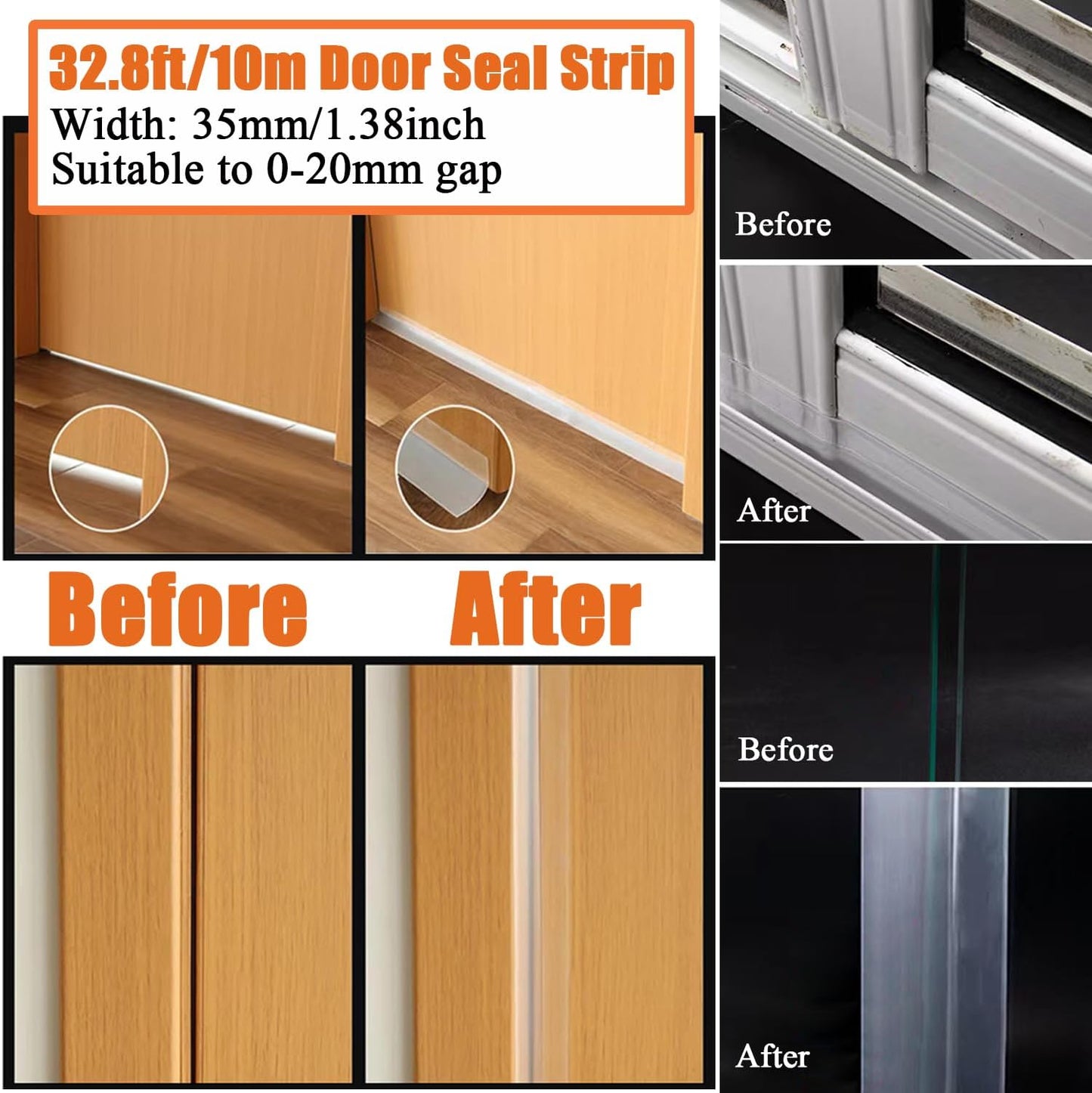 32.8FT Silicone Weather Stripping Door Seal Strip, No Residue Glass Shower Door Seal Strip Under Door Draft Stopper Silicone Sealing Tape for Doors Windows Shower Glass Gap,Transparent,35MM