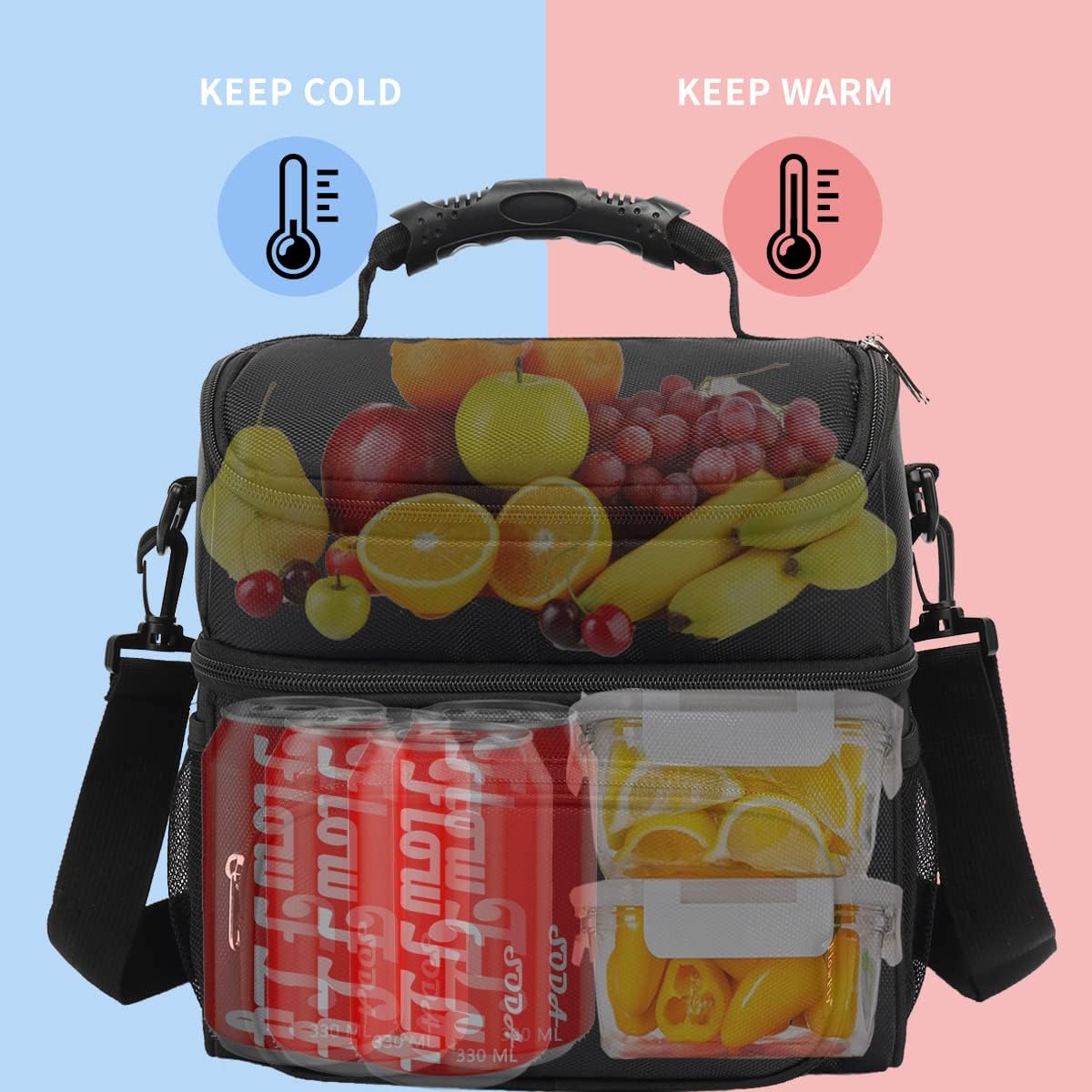 Insulated Lunch Bag Adult Lunch Box Large Tote Double Layer Cooler for Men, Women, with Adjustable Strap,Front Pocket and Mesh Side Pockets,Black