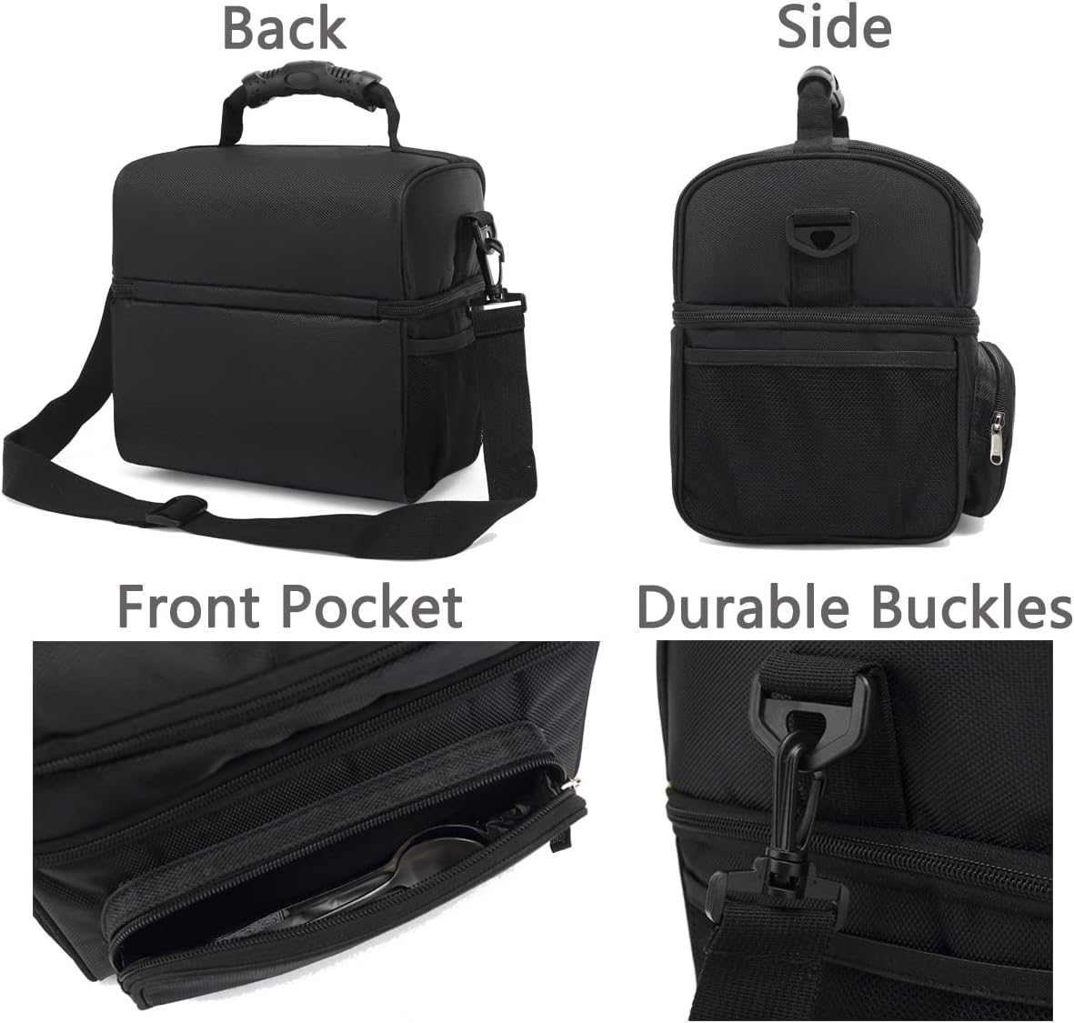Insulated Lunch Bag Adult Lunch Box Large Tote Double Layer Cooler for Men, Women, with Adjustable Strap,Front Pocket and Mesh Side Pockets,Black