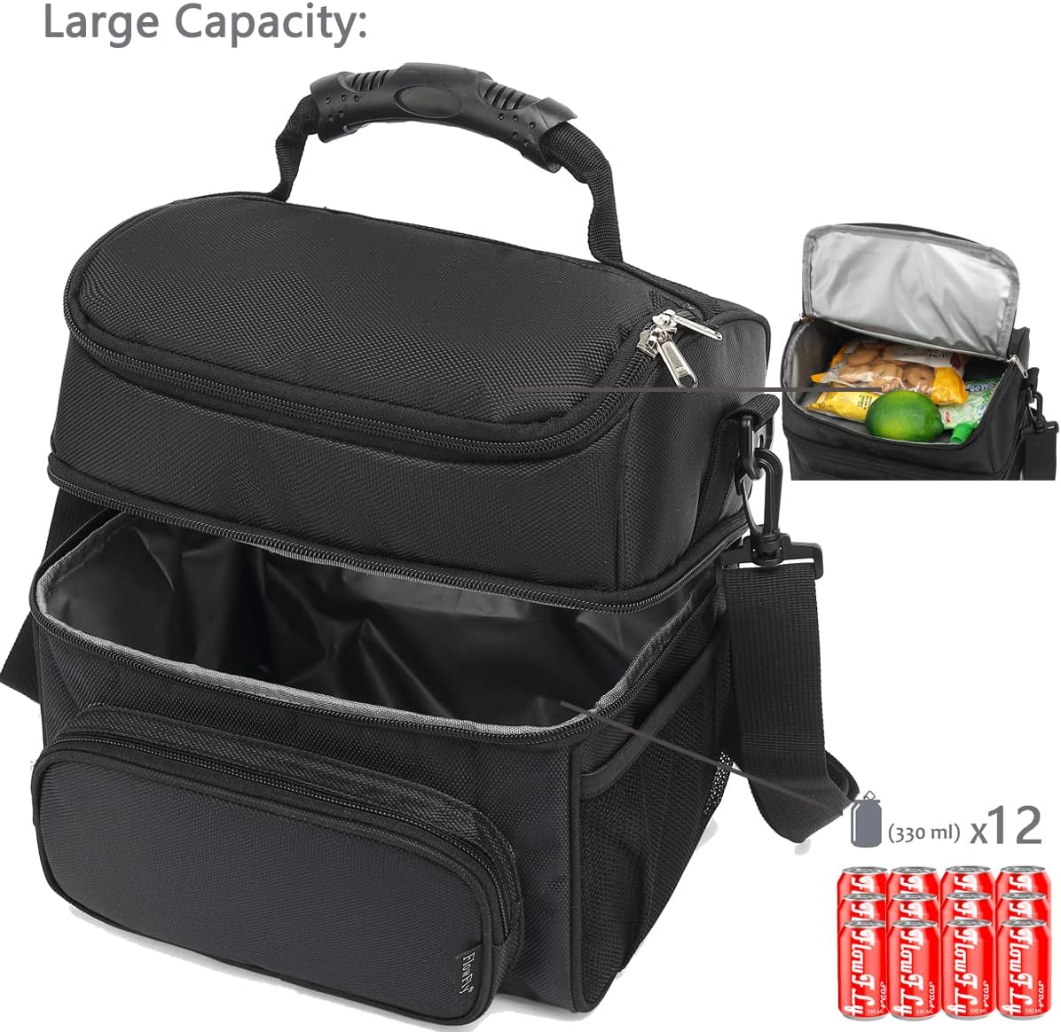Insulated Lunch Bag Adult Lunch Box Large Tote Double Layer Cooler for Men, Women, with Adjustable Strap,Front Pocket and Mesh Side Pockets,Black