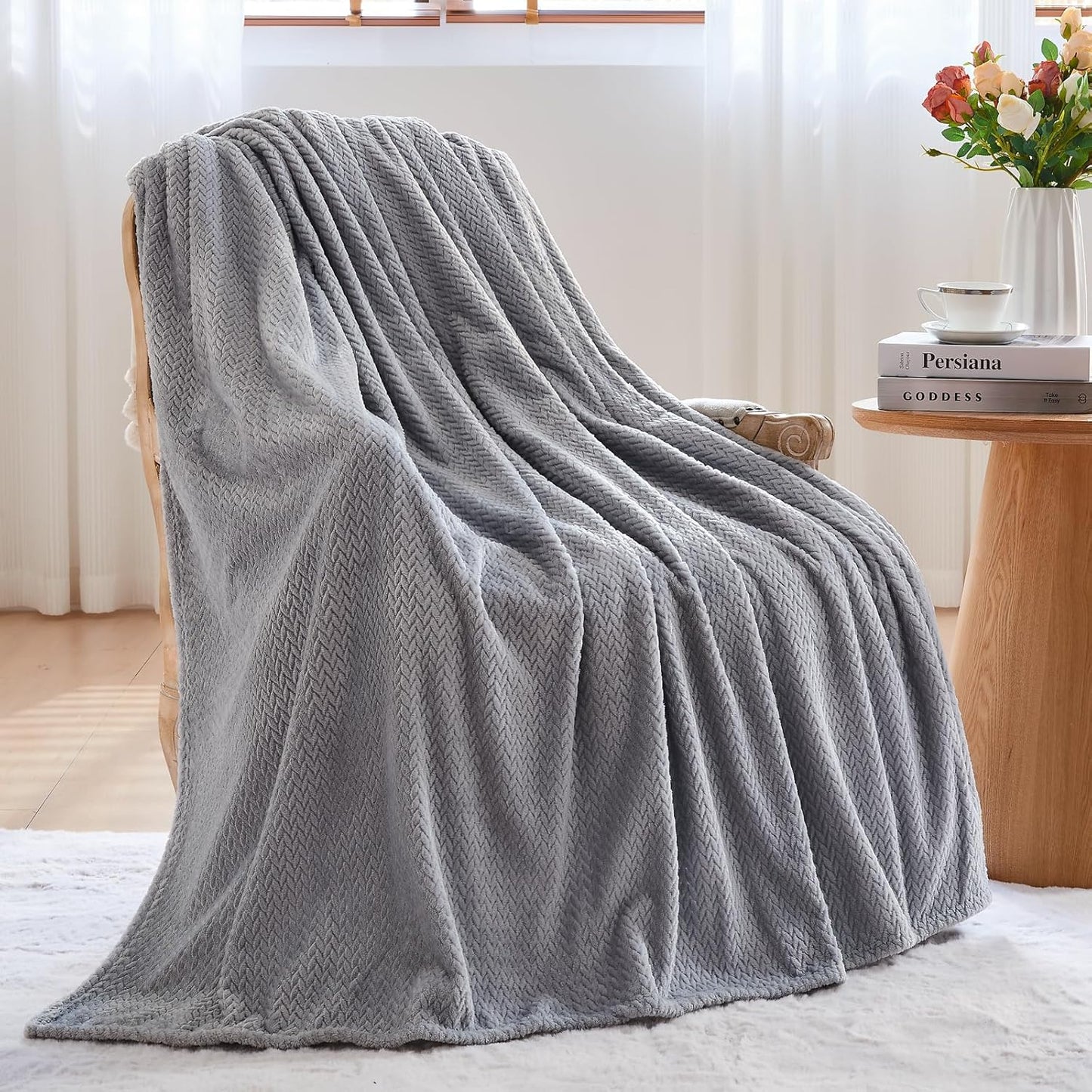 Super Soft Throw Size Blanket Grey Premium Silky Flannel Fleece Leaves Pattern Lightweight Bed Blanket All Season Use (Grey, Throw(50"x60"))
