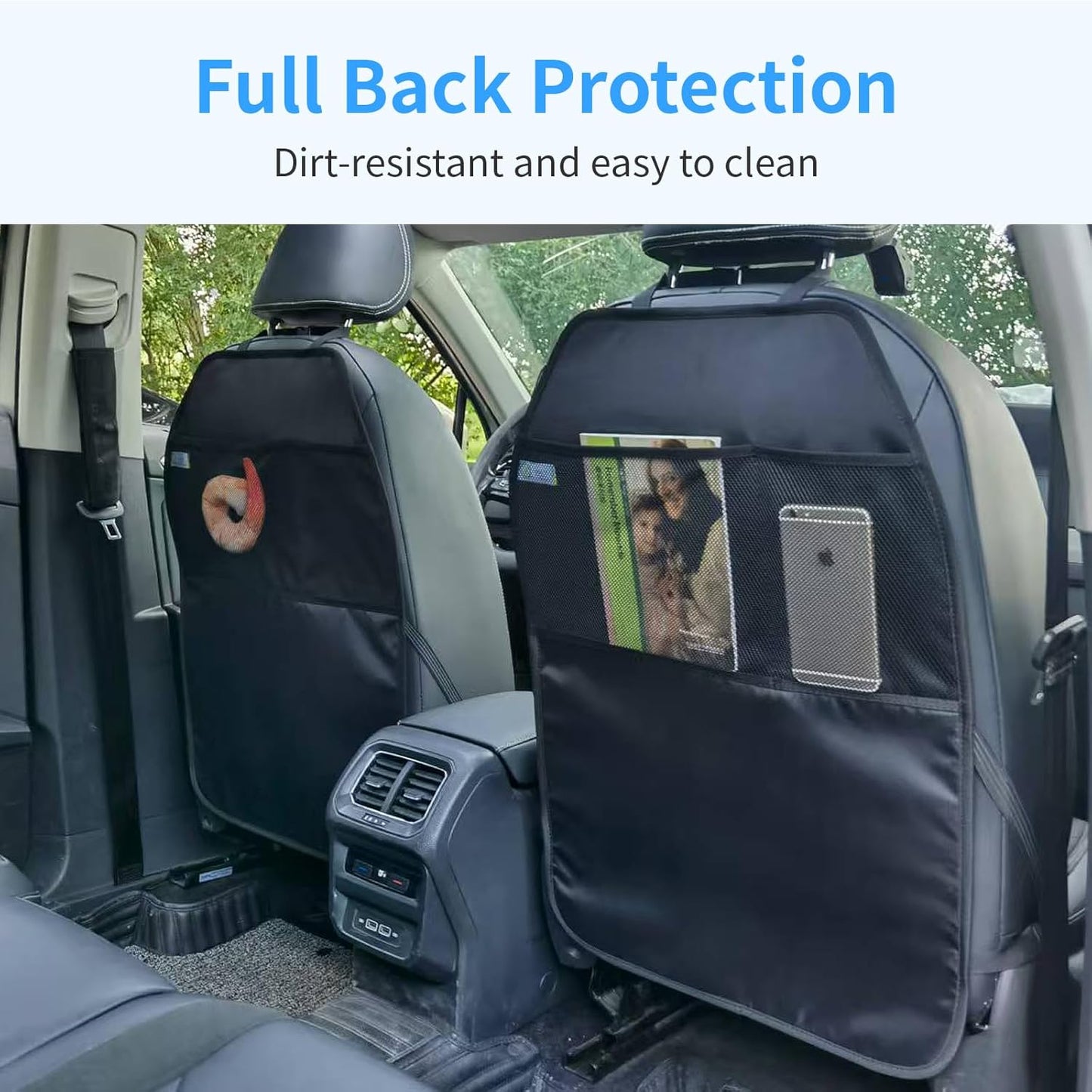 Car Seat Protector Large Kick Mat 2 Pack Durable Water Resistant Auto Seat Back Covers with 2 Mesh Pockets Protection Against Dust Mud Scratches (Black, 2-Pack)
