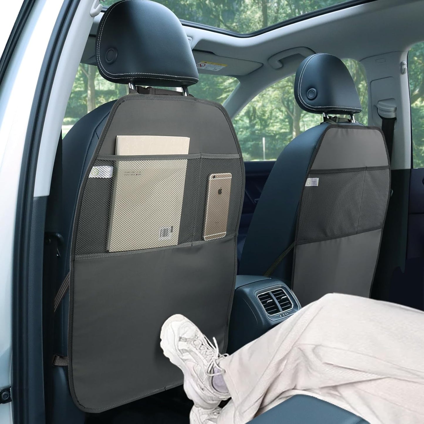 Car Seat Protector Large Kick Mat 2 Pack Durable Water Resistant Auto Seat Back Covers with 2 Mesh Pockets Protection Against Dust Mud Scratches (Black, 2-Pack)