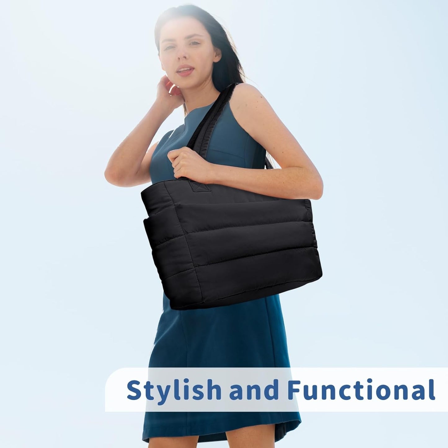 Puffer Tote Bag for Women, Lightweight Puffy Handbag with Compartments, Quilted Shoulder Bag for Work, Travel, Gym