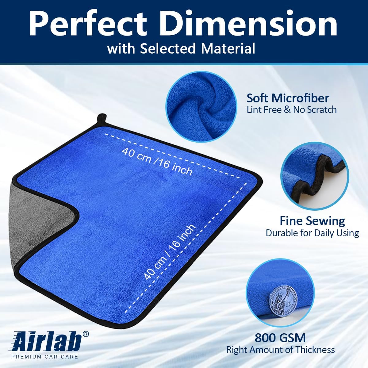 Microfiber Car Drying Towels 800GSM Thick Plush Cleaning Cloths Auto Detailing Quick Dry Wash Cloth for Interior & Exterior Lint Free, Streak Free, 40 x 40 cm, 4 Pack