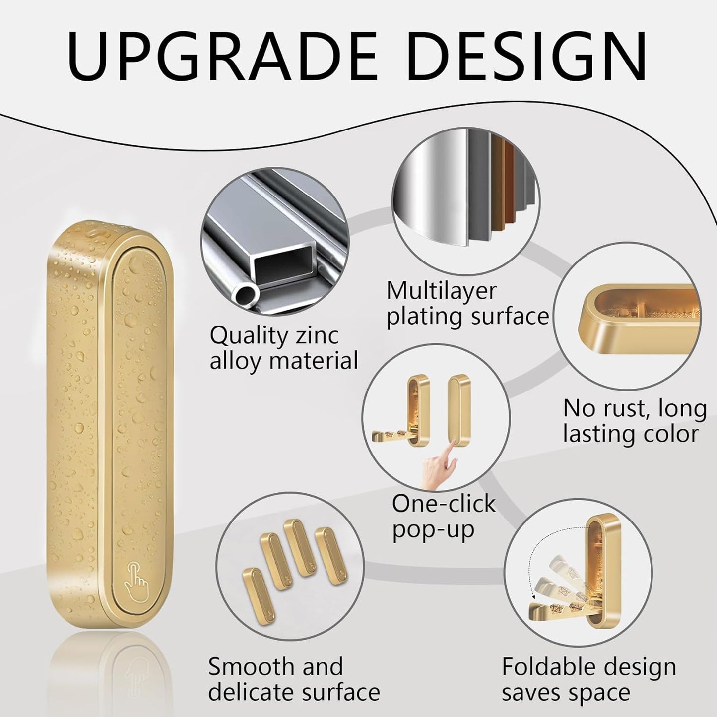 4PCS Foldable Gold Wall Hooks, Heavy Duty Zinc Alloy Folding Wall Hooks, Folding Hidden Coat Hooks Wall Mount Bathroom Foldable Towel Hooks for Hanging Clothes, Bags, Hats, Bathrobes, Keys etc (Gold)