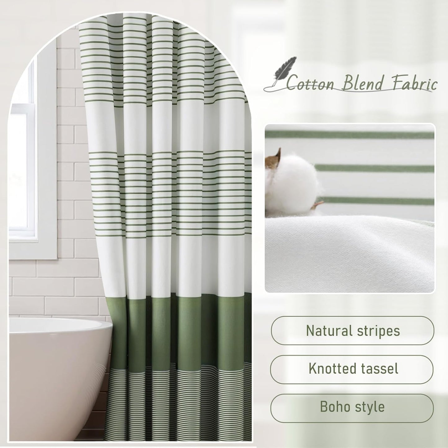 Sage Green Shower Curtain Cotton Boho Striped Shower Curtains for Bathroom with Tassel 72 X 72
