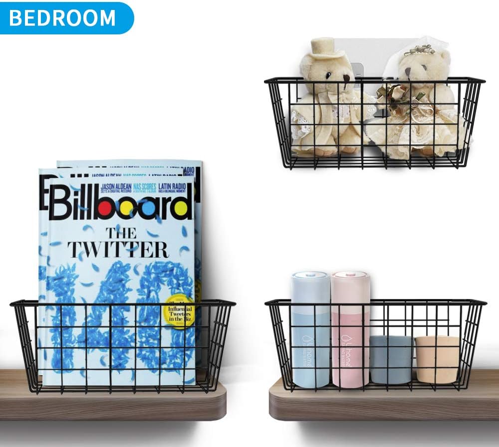 Hanging Kitchen Baskets Wire Storage Basket Over the Cabinet Door Organizer, No Drilling Adhesive Basket for Cabinet Pantry Organization and Kitchen, Bathroom, Storage, 2 Pack, Black