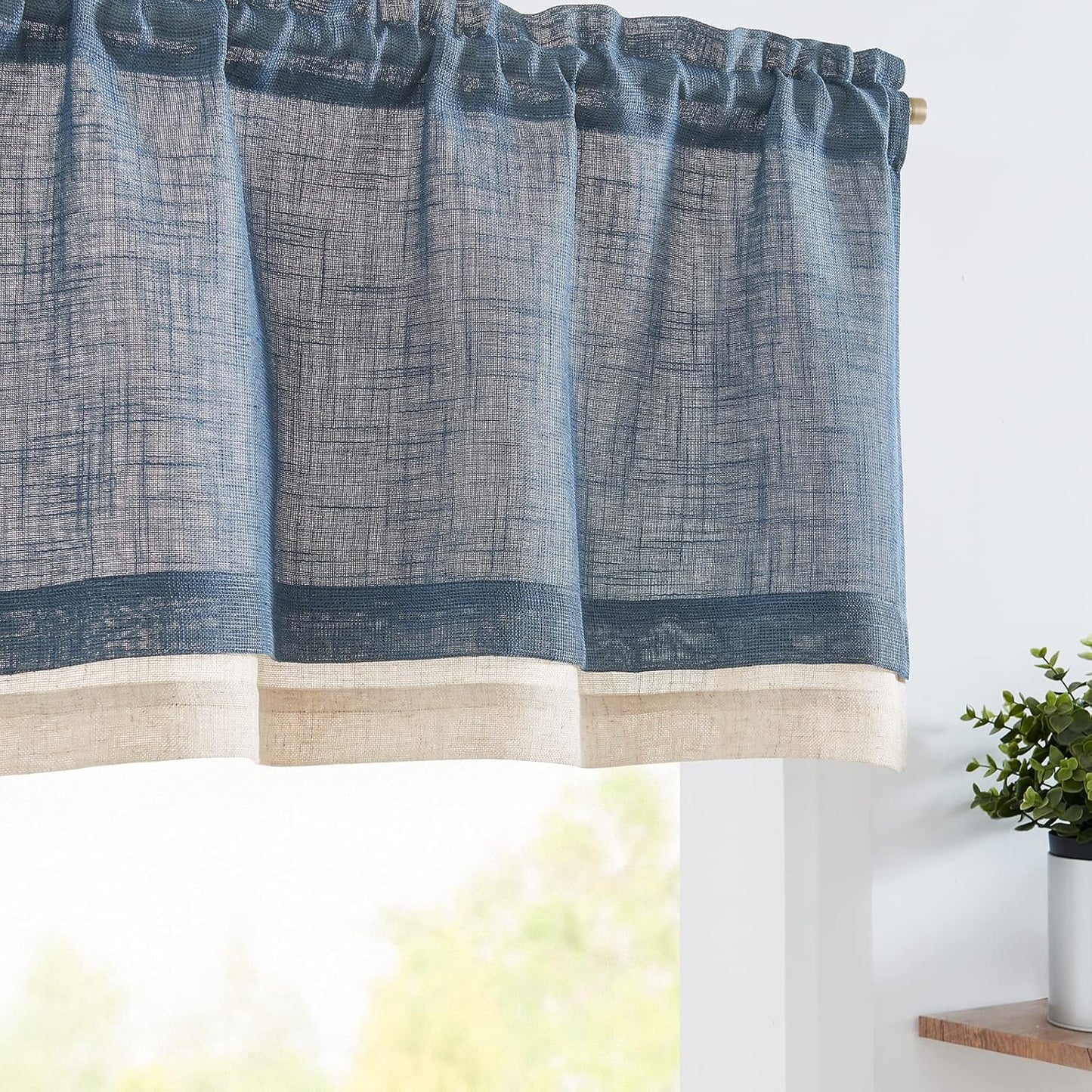 Linen Valance for Farmhouse Living Room Windows 16 Inch Slubbed Crossed Double Layer Window Valance Light Filtering Rustic Country Overlay Rod Pocket 1 Panel Navy Blue
