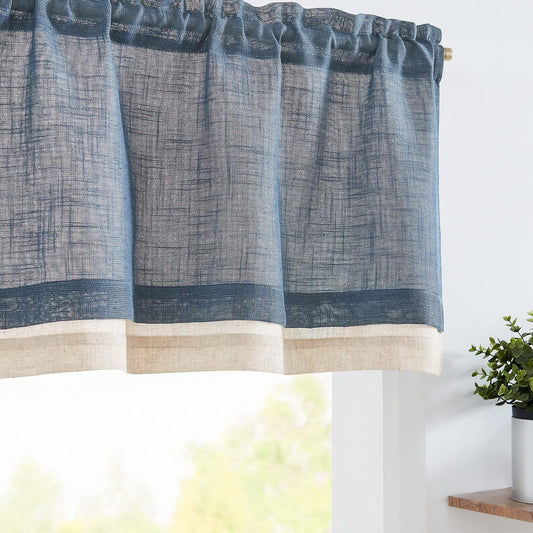 Linen Valance for Farmhouse Living Room Windows 16 Inch Slubbed Crossed Double Layer Window Valance Light Filtering Rustic Country Overlay Rod Pocket 1 Panel Navy Blue