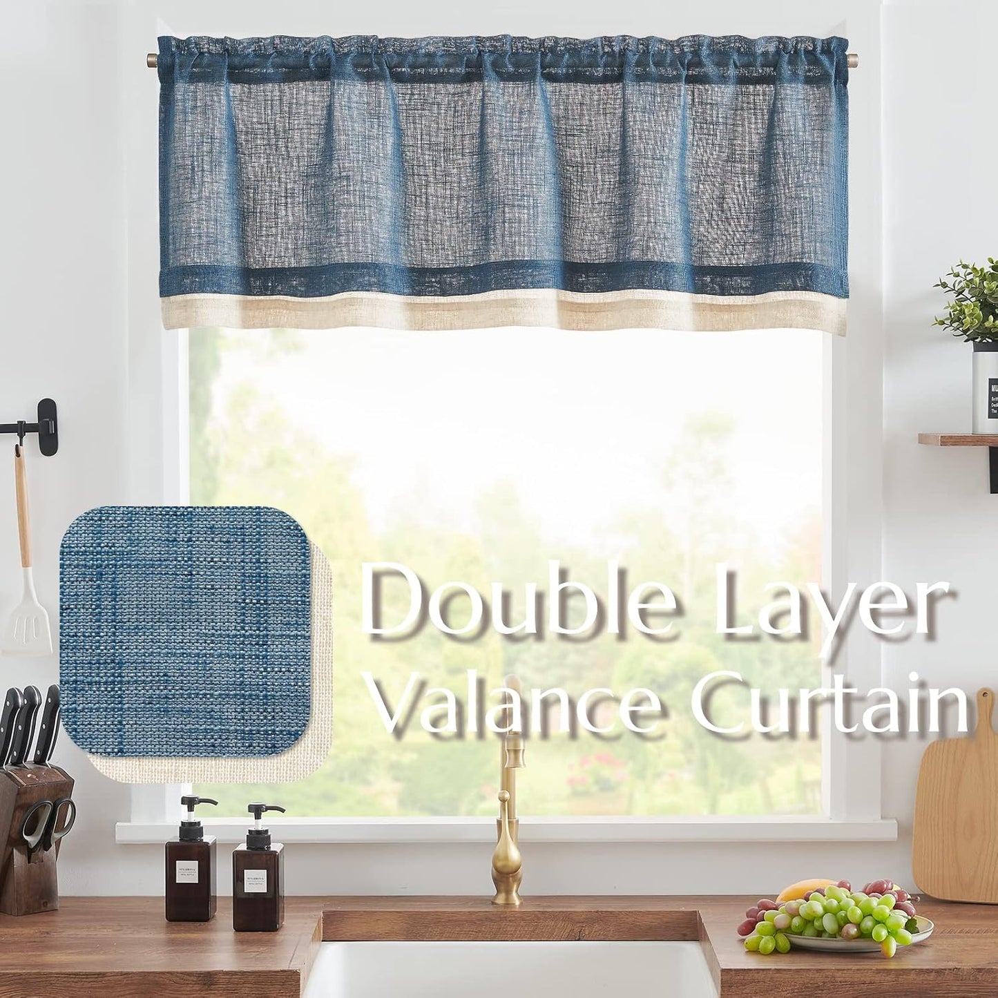 Linen Valance for Farmhouse Living Room Windows 16 Inch Slubbed Crossed Double Layer Window Valance Light Filtering Rustic Country Overlay Rod Pocket 1 Panel Navy Blue