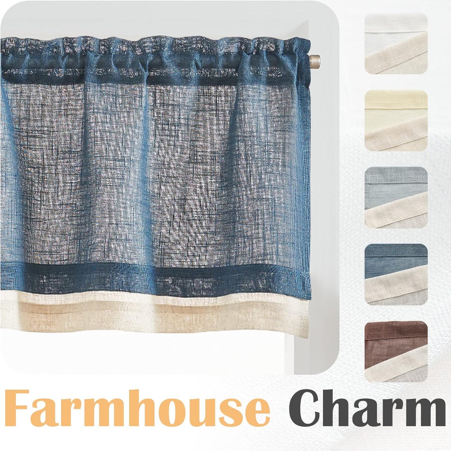 Linen Valance for Farmhouse Living Room Windows 16 Inch Slubbed Crossed Double Layer Window Valance Light Filtering Rustic Country Overlay Rod Pocket 1 Panel Navy Blue