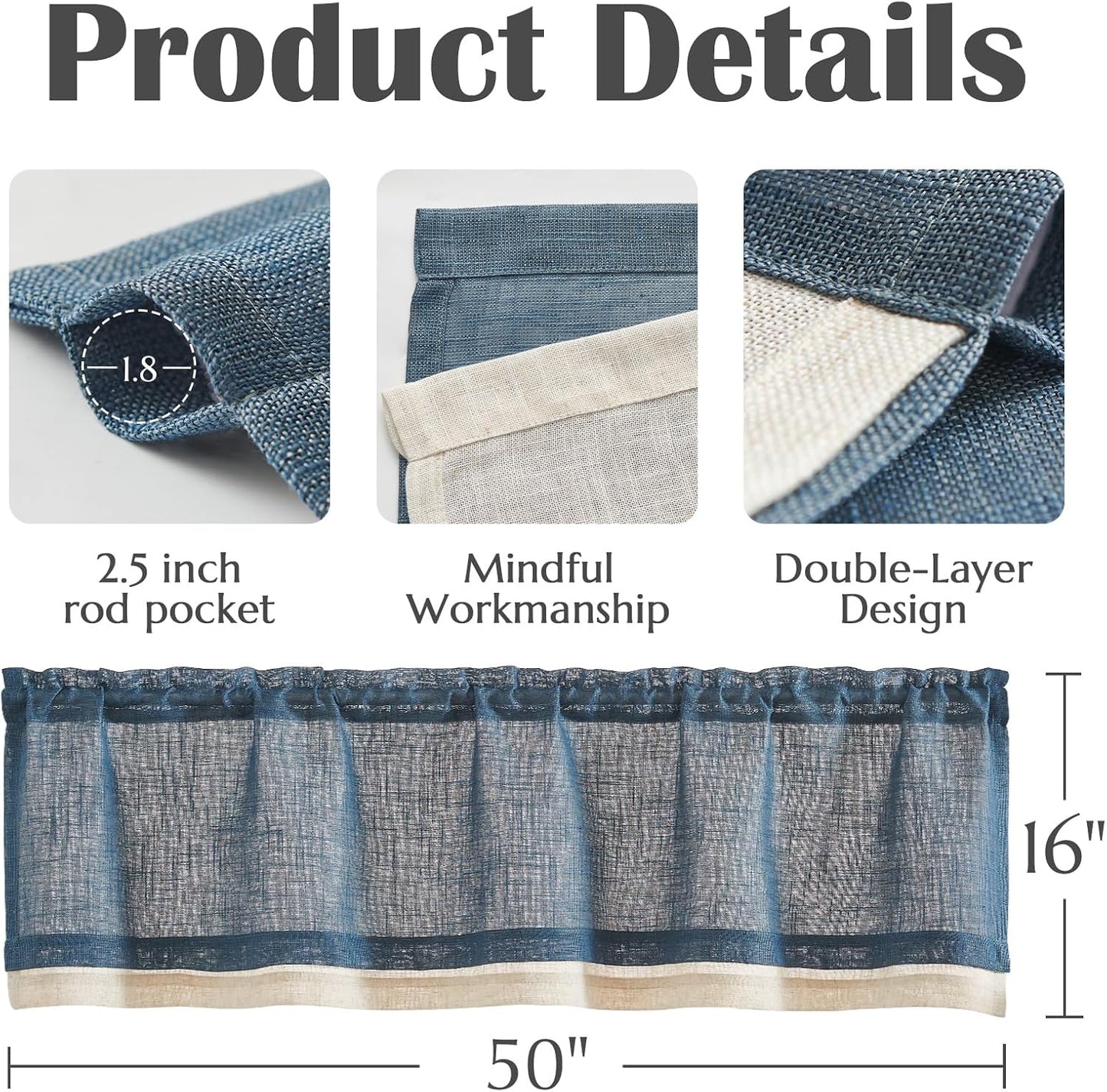 Linen Valance for Farmhouse Living Room Windows 16 Inch Slubbed Crossed Double Layer Window Valance Light Filtering Rustic Country Overlay Rod Pocket 1 Panel Navy Blue