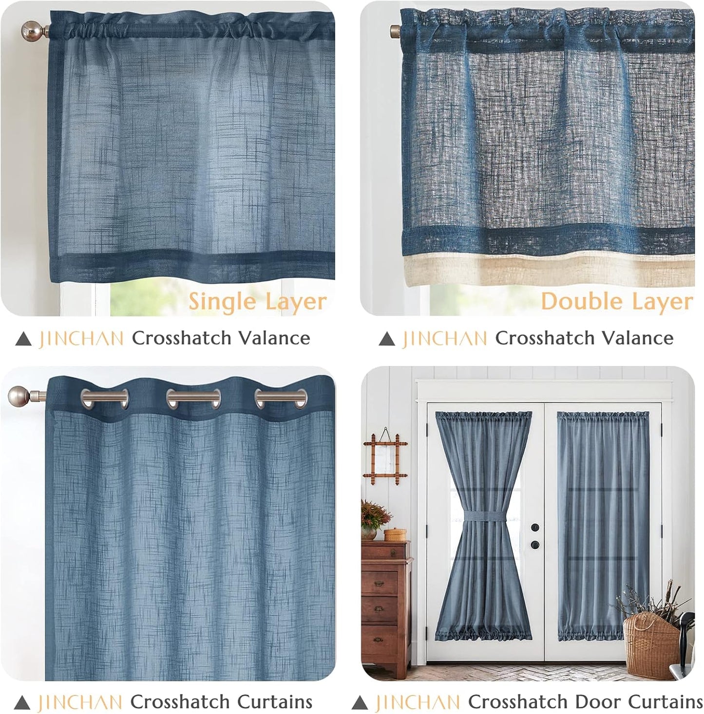 Linen Valance for Farmhouse Living Room Windows 16 Inch Slubbed Crossed Double Layer Window Valance Light Filtering Rustic Country Overlay Rod Pocket 1 Panel Navy Blue