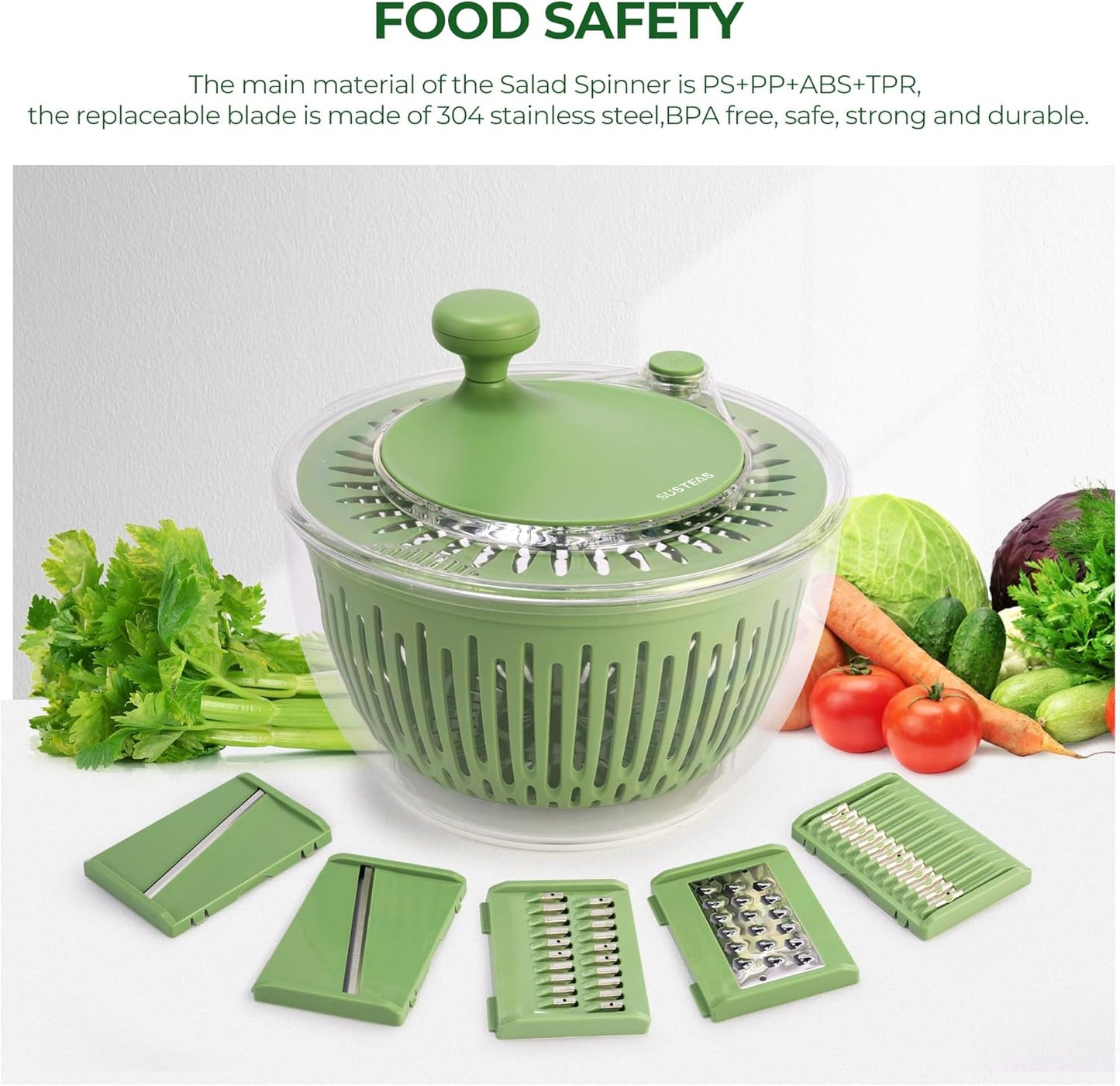 Salad Spinner Large, Vegetables Wash Bowl, Fruits & Herb Lettuce Dryer with 5 Blade Slicer Egg Yolk Strainer Shredder for Efficient Salad Preparation and Food Washing, 4.25Qt