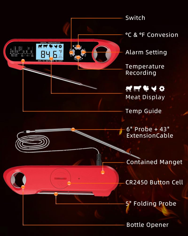 Meat Thermometer, Instant Read Digital Thermometer-Waterproof/Backlight, 43in Extended Probe and Folding Probe, Oven-Safe Design, Kitchen Food Thermometer for Deep Fry, Grilling, BBQ