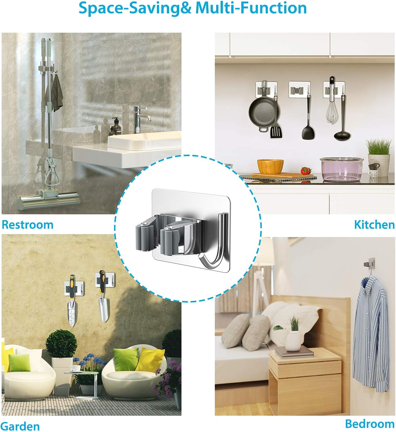 Mop Broom Holder No Drill, Mop Broom Organizer Wall Mounted Heavy Duty with Hooks Hanger, Self Adhesive Stainless Steel 4Pcs for Bathroom, Kitchen, Office (Silver)