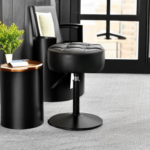 Adjustable Vanity Stool, 360°Swivel Vanity Chair for Makeup Room, Black Stool Chair for Vanity, Small Faux Leather Vanity Stools for Bathroom, Living Room