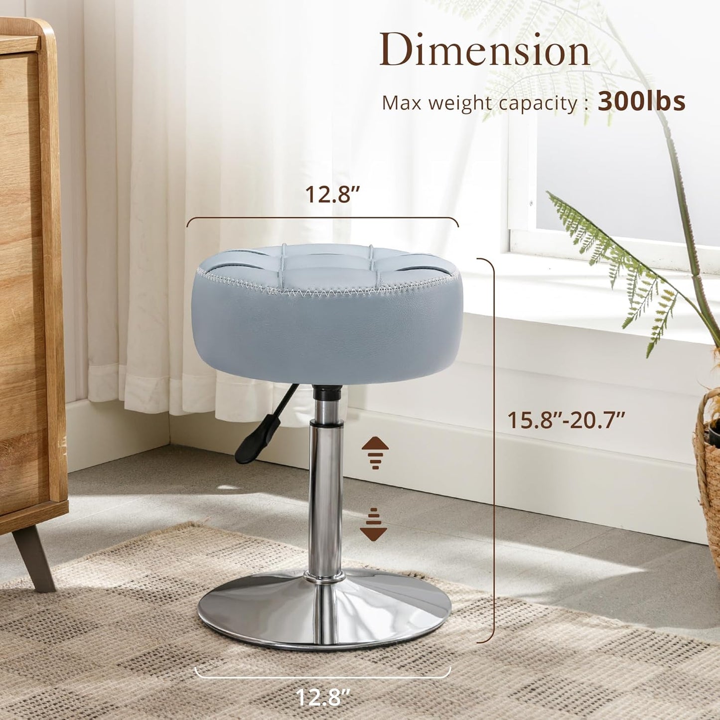 Adjustable Vanity Stool, 360°Swivel Vanity Chair for Makeup Room, Grayish Blue Stool Chair for Vanity, Small Faux Leather Vanity Stools for Bathroom, Living Room
