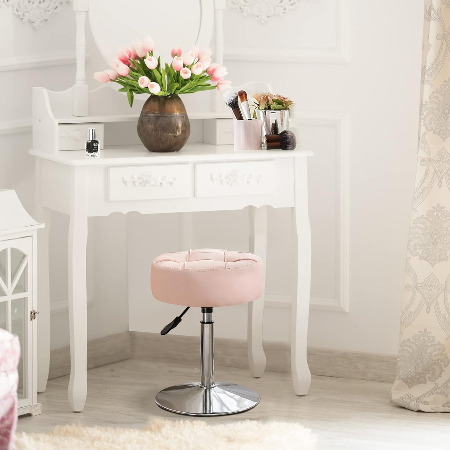 Adjustable Vanity Stool, 360°Swivel Vanity Chair for Makeup Room, Pink Stool Chair for Vanity, Small Faux Leather Vanity Stools for Bathroom, Living Room