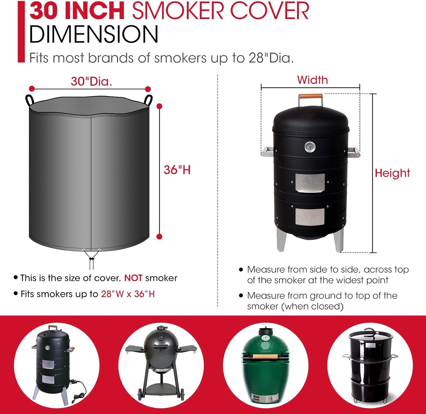 Round Smoker Cover 30 Inch, Heavy Duty Waterproof Charcoal Kettle BBQ Grill Cover, Fade Resistant Barrel Protector, Fits Weber Char-Griller Akorn Kamado and More, 30" Dia x 36" H