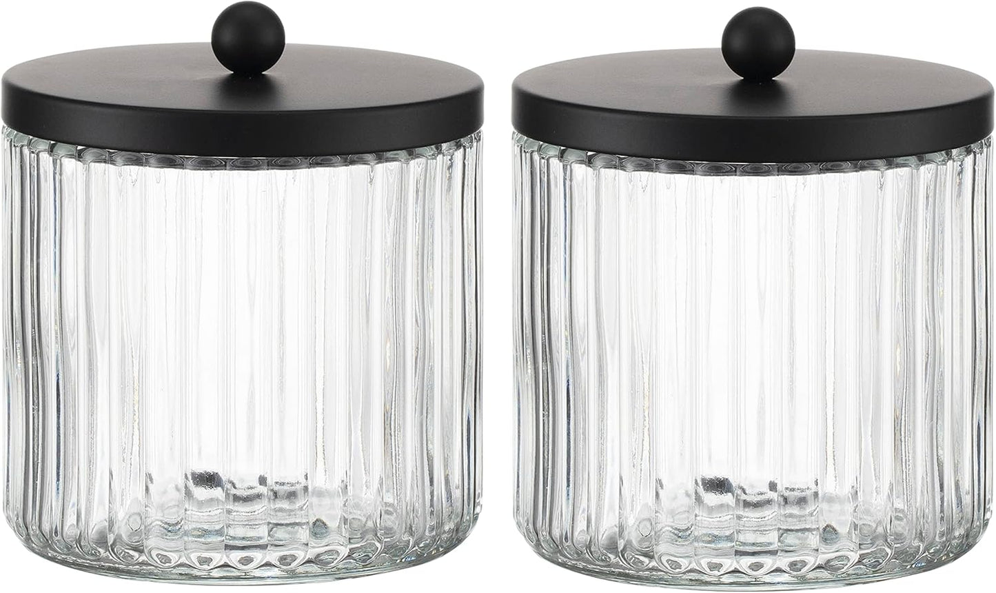 2-Pack Glass Qtip Holder Dispenser Set - Bathroom Canister Storage Organizer for Cotton Balls, Swabs, Floss Picks, and Makeup Sponges with Matte Black Metal Lid - Clear Vanity Apothecary Jars