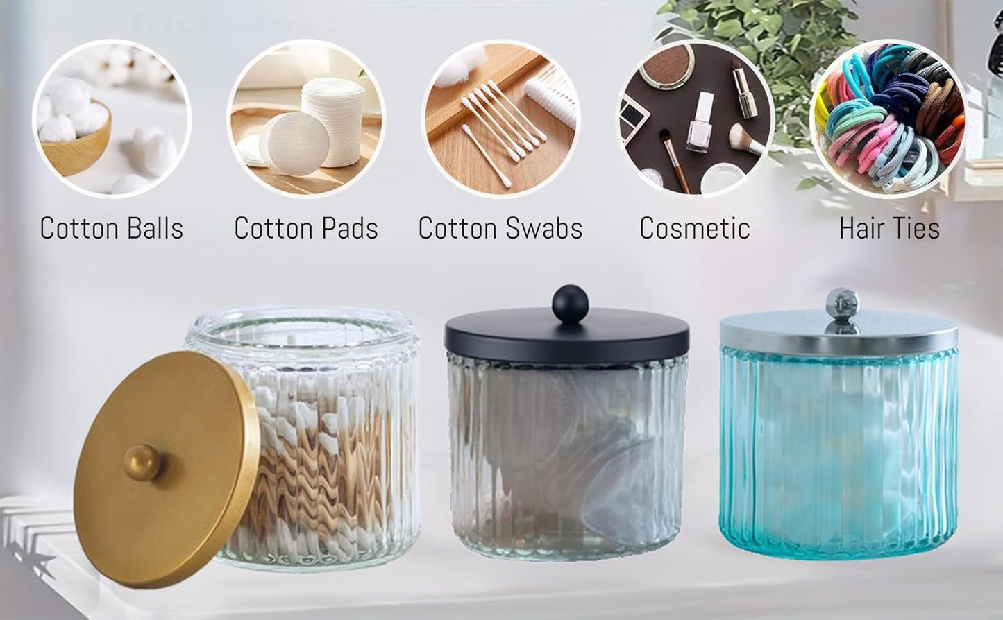2-Pack Glass Qtip Holder Dispenser Set - Bathroom Canister Storage Organizer for Cotton Balls, Swabs, Floss Picks, and Makeup Sponges with Matte Black Metal Lid - Clear Vanity Apothecary Jars