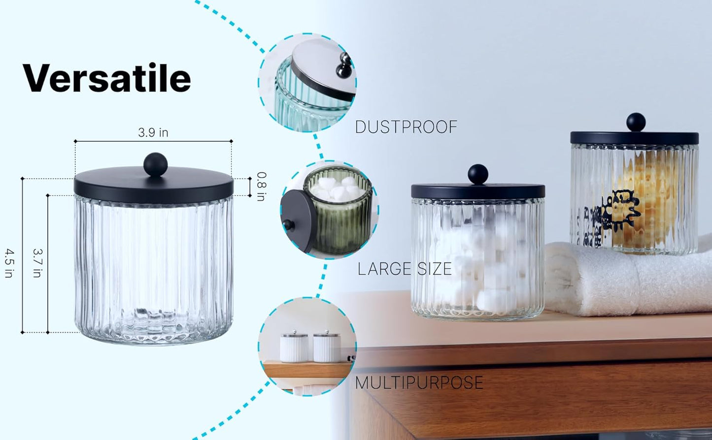 2-Pack Glass Qtip Holder Dispenser Set - Bathroom Canister Storage Organizer for Cotton Balls, Swabs, Floss Picks, and Makeup Sponges with Matte Black Metal Lid - Clear Vanity Apothecary Jars