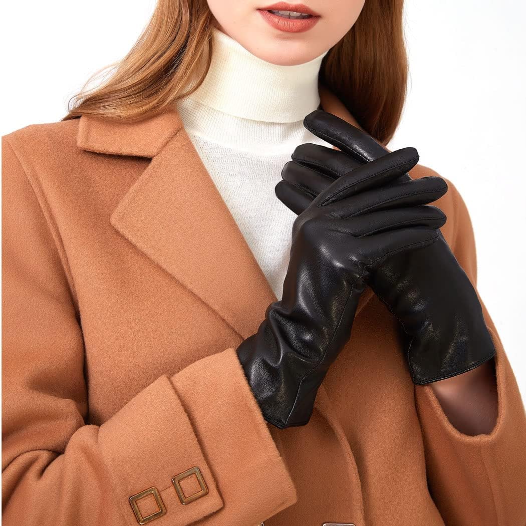 Luxury Italian Soft Leather Gloves for Women - Genuine SheepSkin Leather Women’s Cold Weather Gloves Cashmere Lined