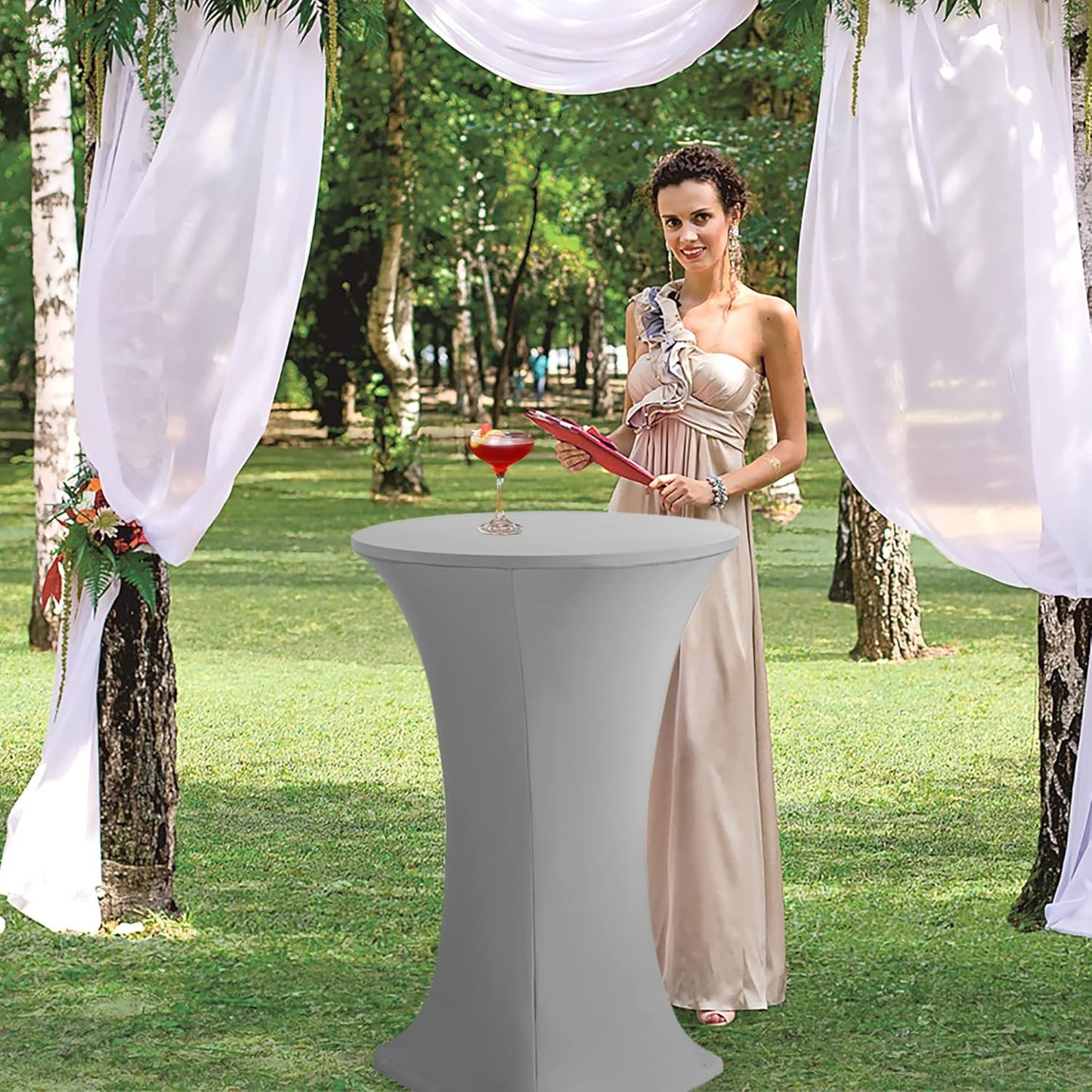 Cocktail Table Covers, 2 Pack - Fitted Stretch Spandex Square Corners Cocktail Tablecloths (Light Grey, Fit for 30"-32" Diameter x 43" Height Tables)